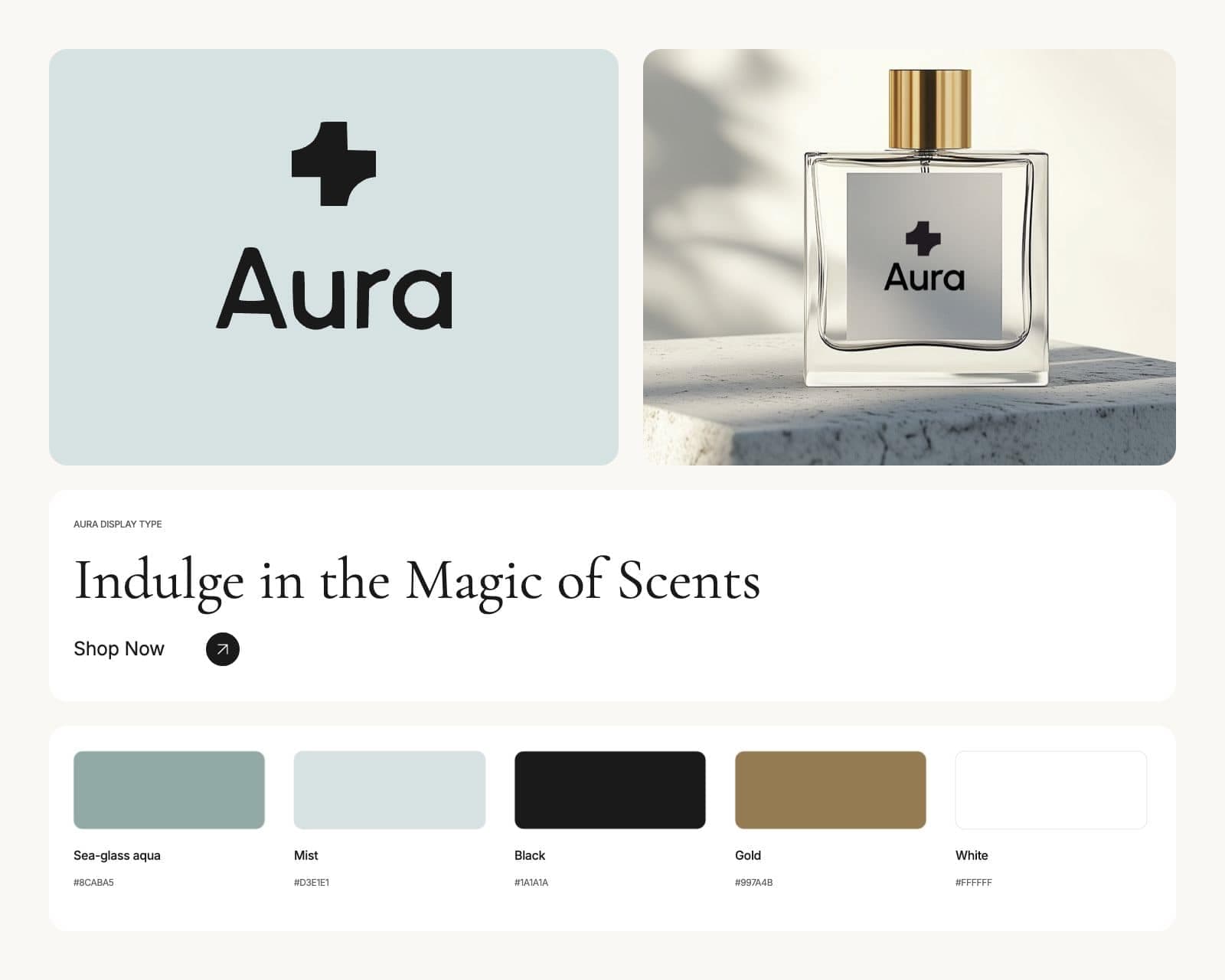 Aura brand board with the black mark and wordmark, the original bottle label photograph with the gold cap, the serif headline sample and aqua, black, gold and white swatches