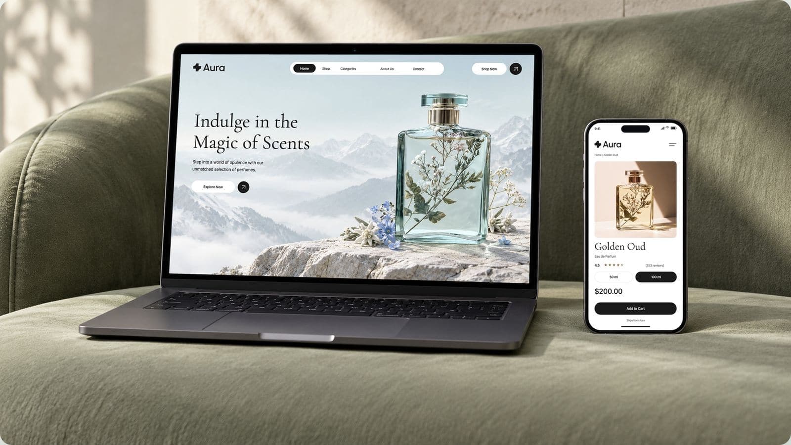 Aura’s pale aqua homepage on a laptop with the serif headline Indulge in the Magic of Scents, the Alpine Mist bottle among botanicals and a phone showing the Golden Oud product page