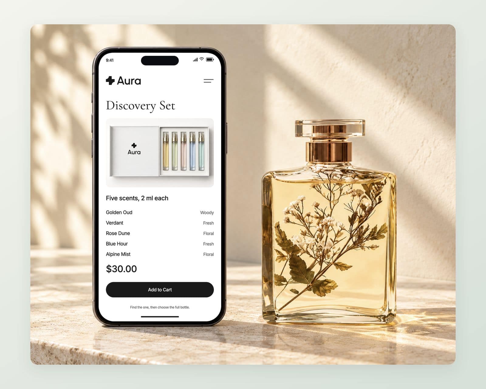 Aura’s discovery set page with five 2 ml sample vials, the $30.00 set price, the five scent names and an Add to Cart button beside the Golden Oud bottle