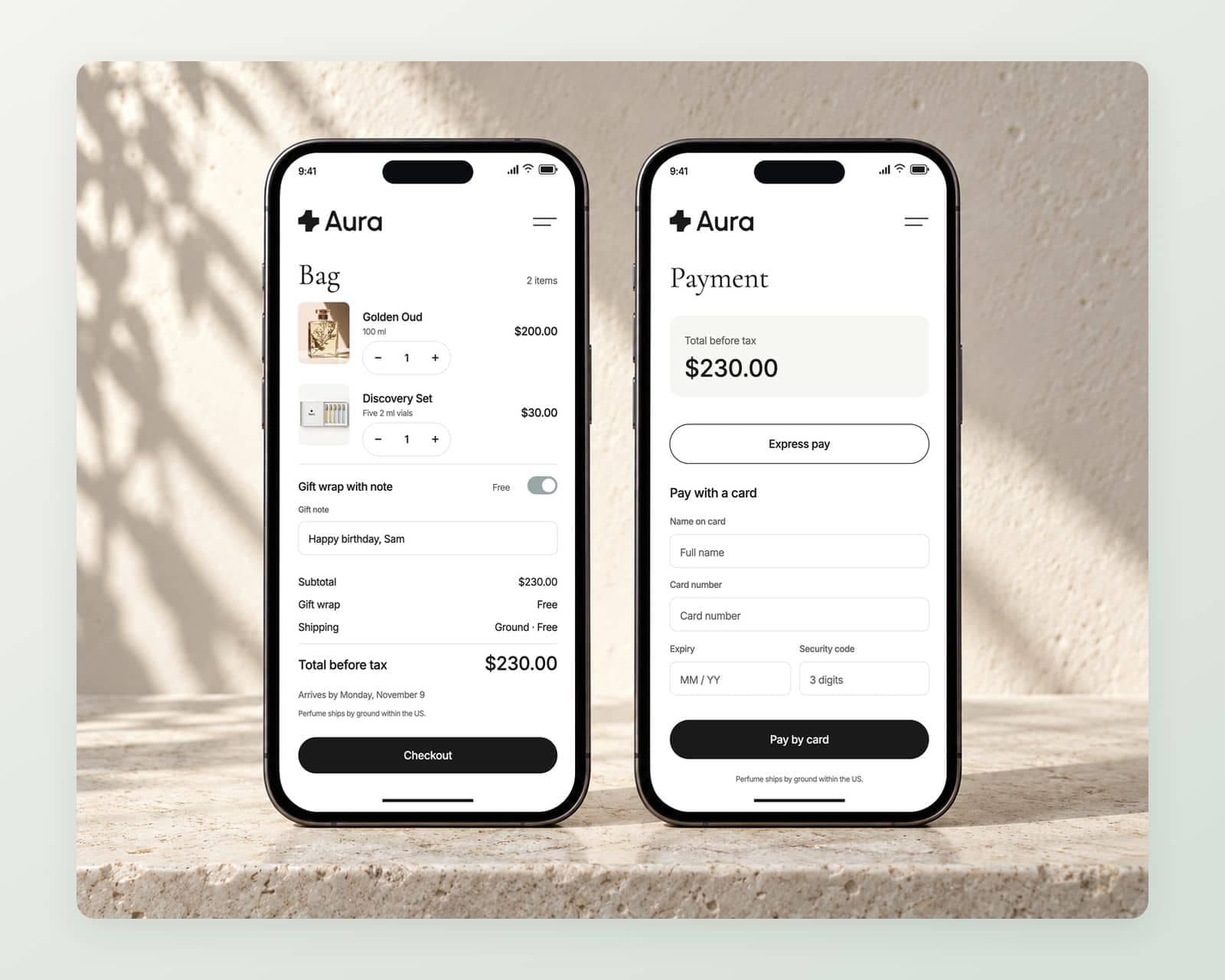 Aura’s mobile bag with Golden Oud 100 ml at $200.00 and the $30.00 discovery set, free gift wrap, ground shipping arriving November 9, a $230.00 total and generic payment buttons