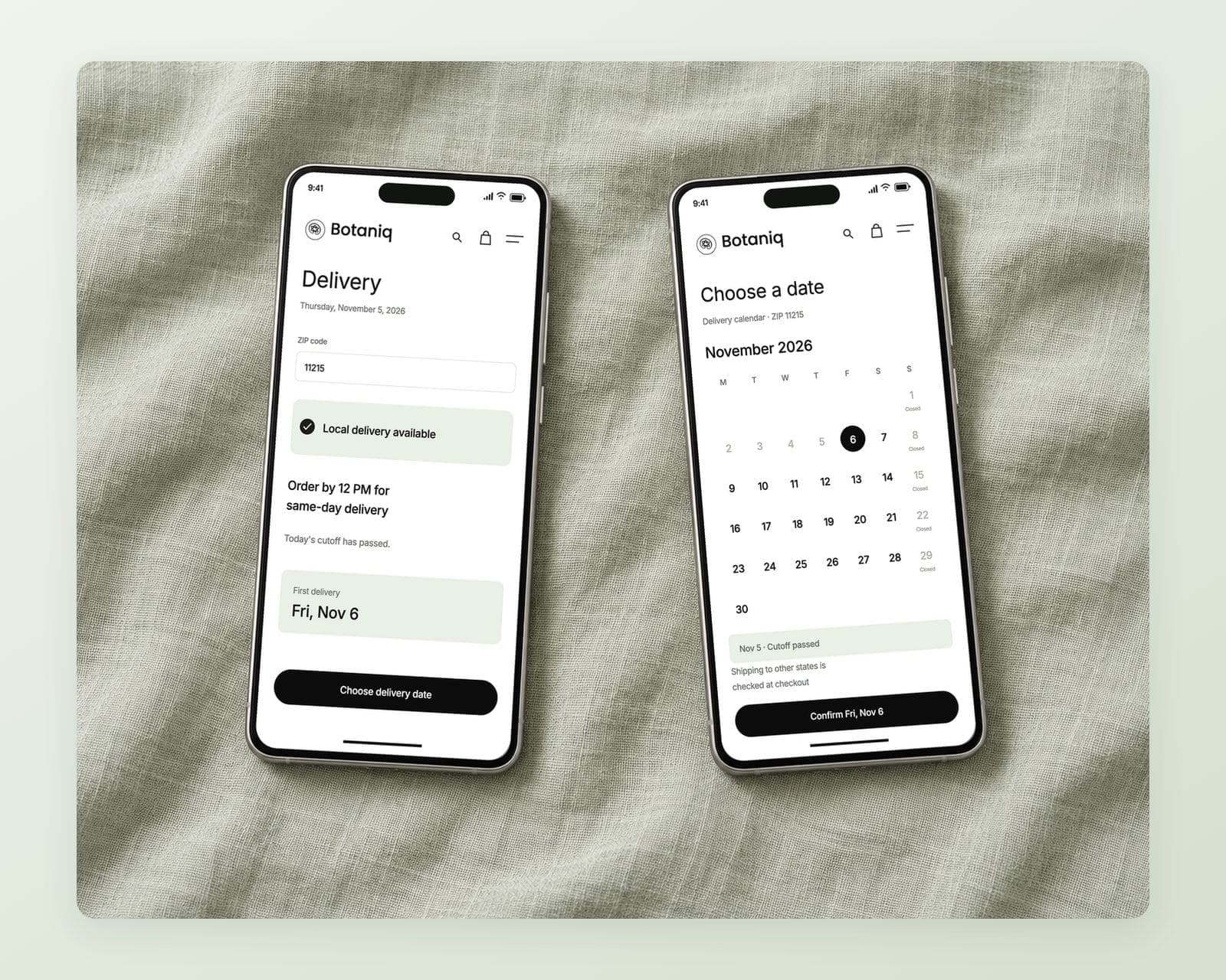 Botaniq delivery check for ZIP code 11215 with local delivery confirmed, a November 2026 calendar with Friday, November 6 selected, Sundays closed and a 12 PM same-day cutoff