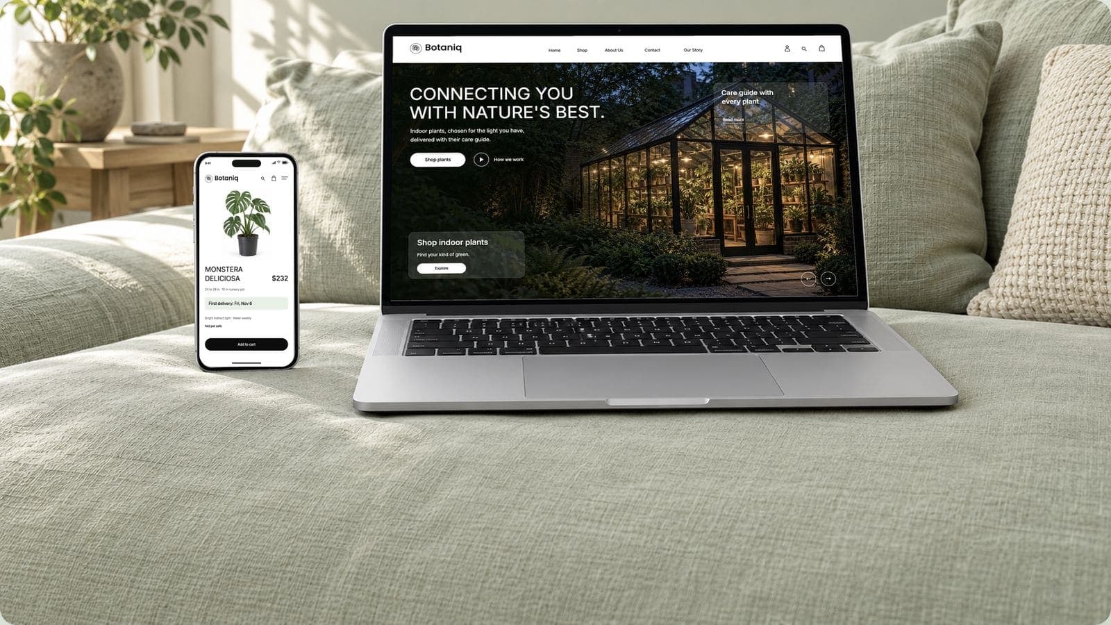 Botaniq’s reimagined dark greenhouse homepage on a laptop beside a phone showing the $232 Monstera Deliciosa product page with its first delivery date, on pale sage linen
