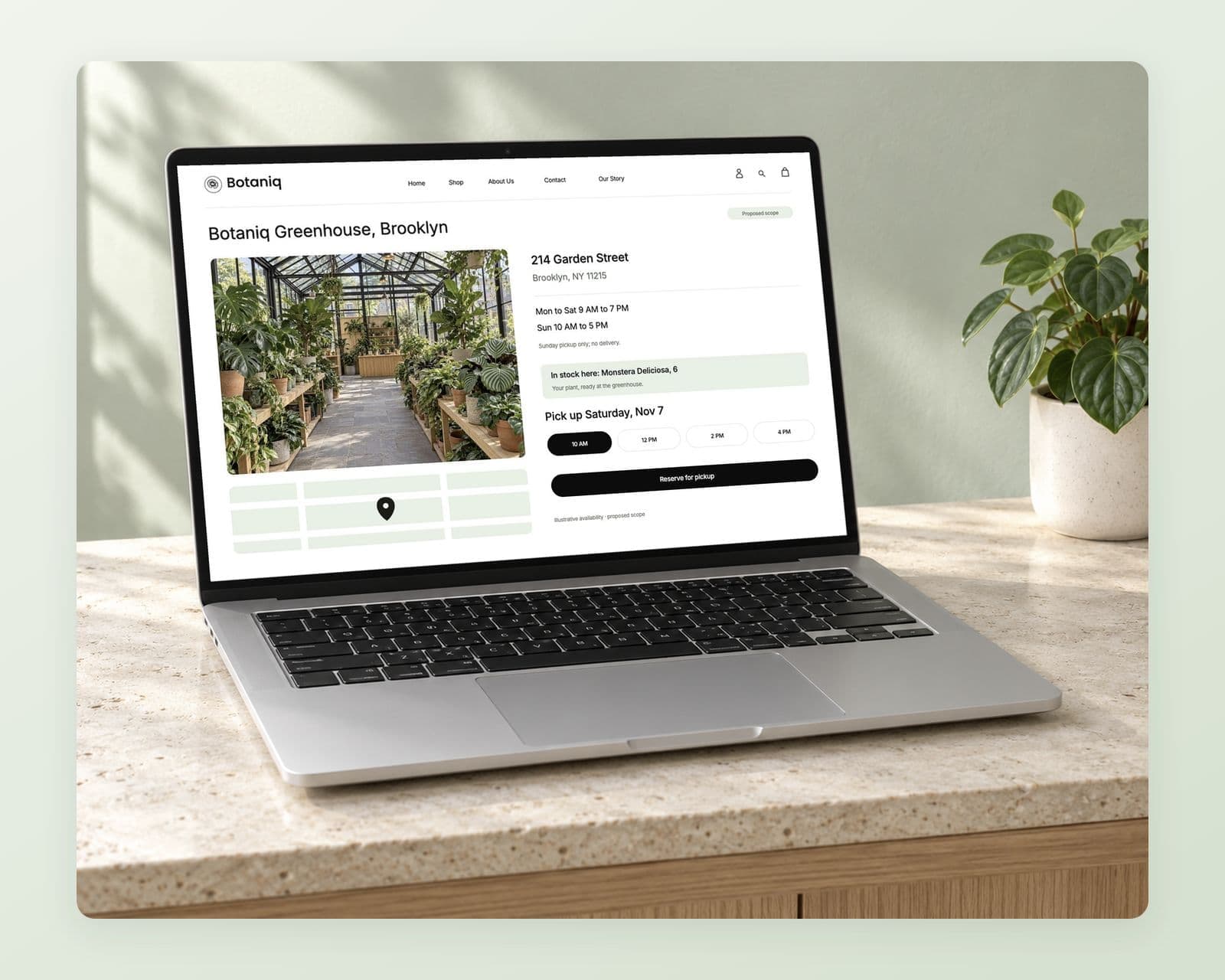 Proposed Botaniq Greenhouse store page with illustrative Brooklyn address, opening hours, six Monstera Deliciosa in stock and Saturday, November 7 pickup slots