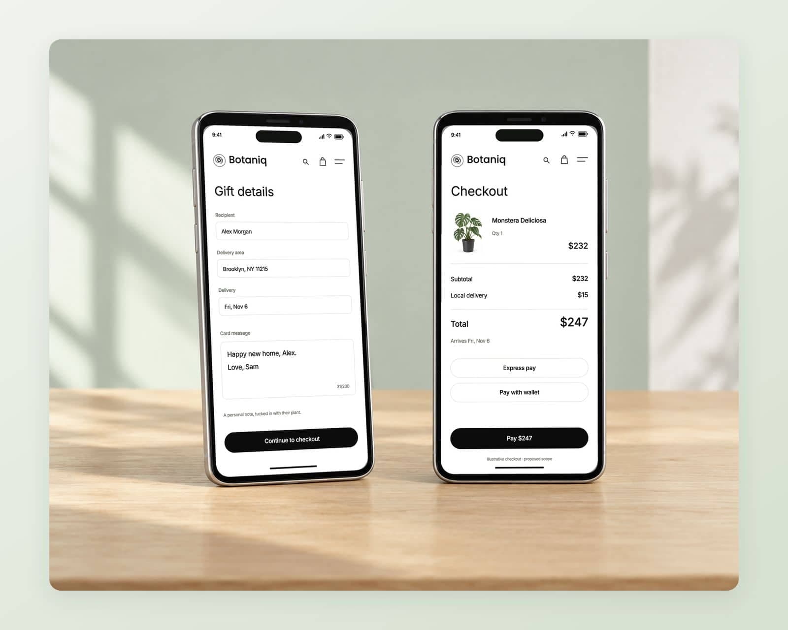 Two matching phones with Botaniq’s gift step for Alex Morgan on Friday, November 6 with a card message, beside the checkout totaling $247 for the $232 Monstera and $15 local delivery