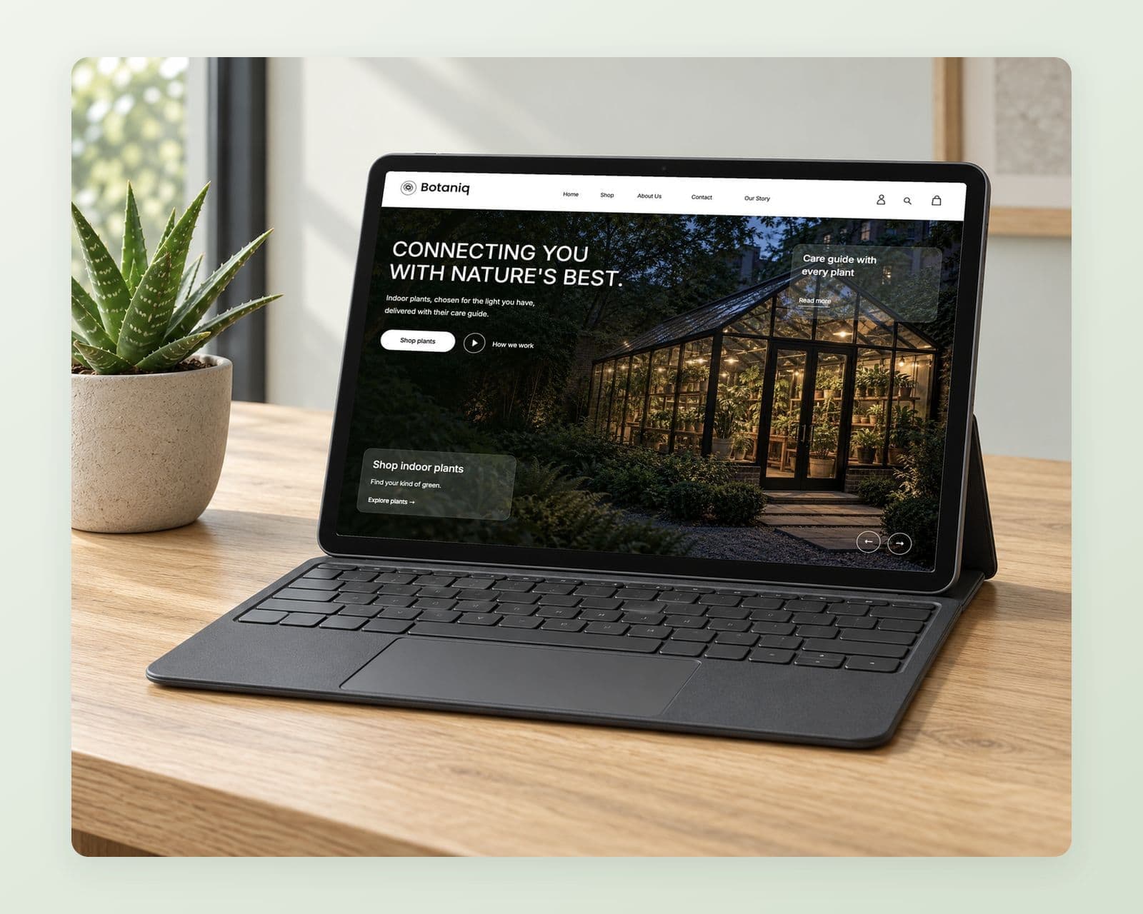 Botaniq’s homepage on a tablet with a keyboard, with the Connecting You With Nature’s Best headline over the lit greenhouse photograph and a Shop plants button