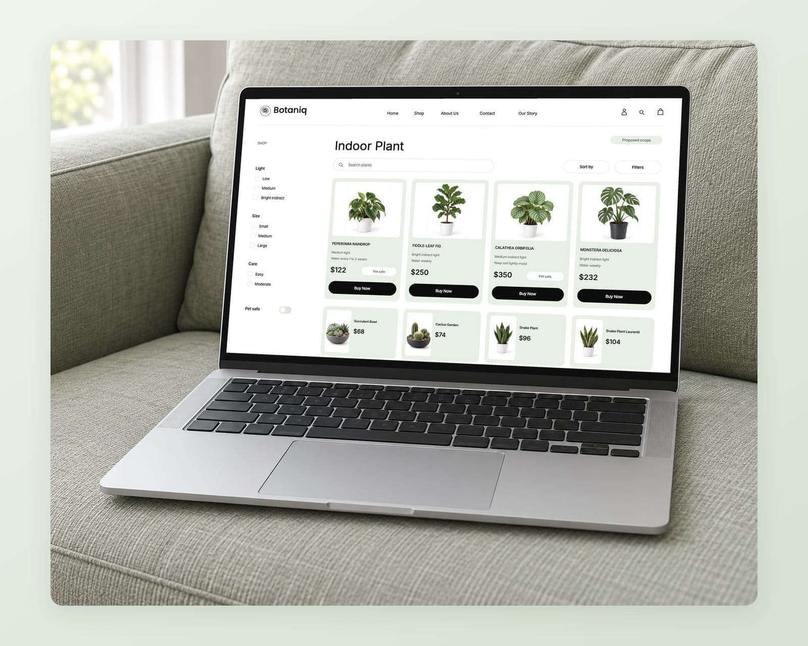Botaniq’s light shop page with open light, size, care and pet safety filters beside Peperomia Raindrop, Fiddle-Leaf Fig, Calathea Orbifolia and Monstera Deliciosa cards with their prices