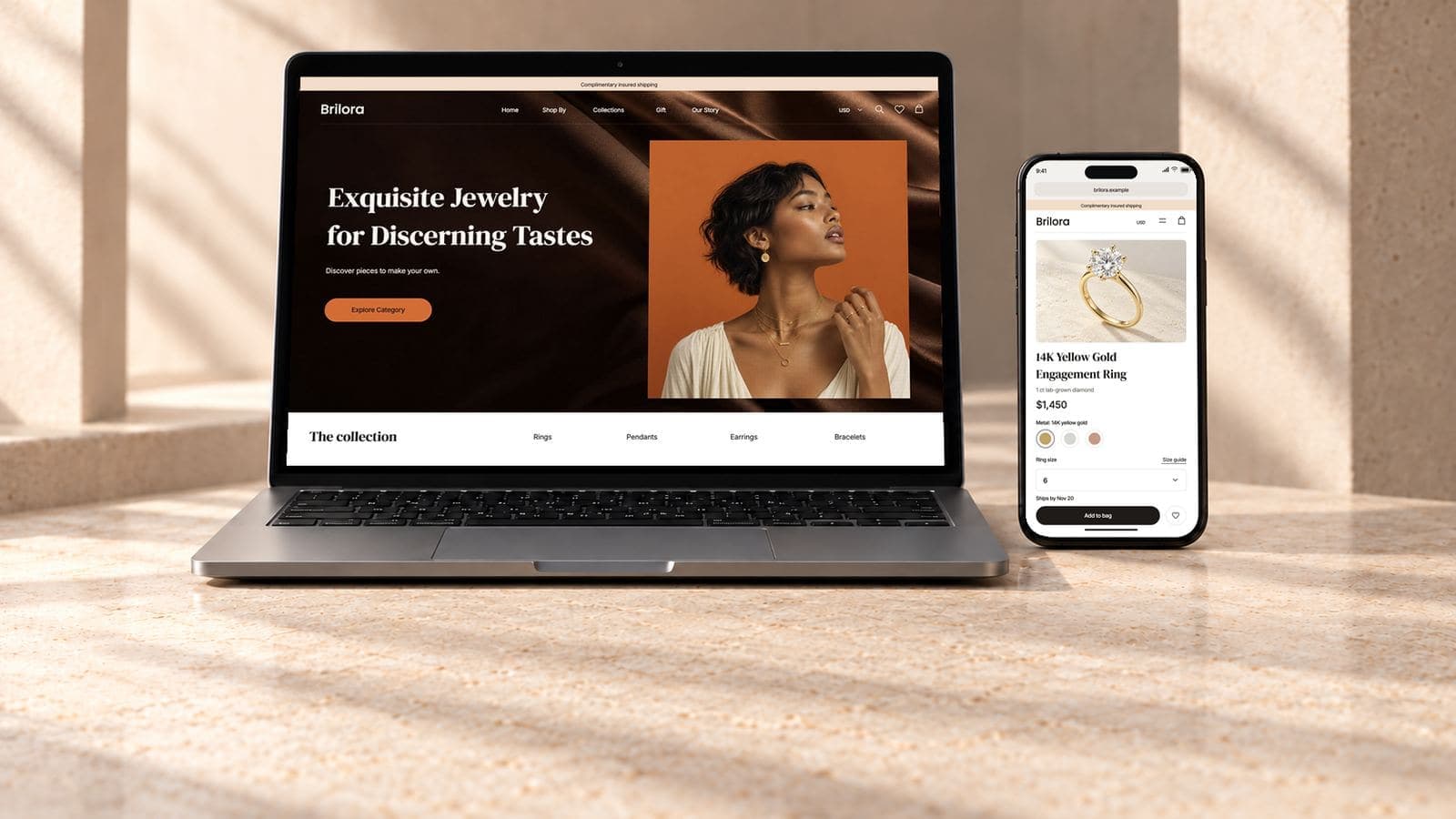 Brilora’s reimagined chocolate silk homepage on a laptop beside a phone showing the $1,450 lab-grown diamond ring product page, on warm stone with space below for facts
