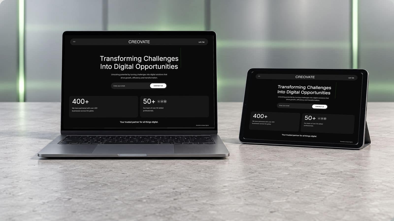The Creovate website on a laptop and a tablet, with the headline Transforming Challenges Into Digital Opportunities, an email field with Contact Us and a faint green-lit grid on black