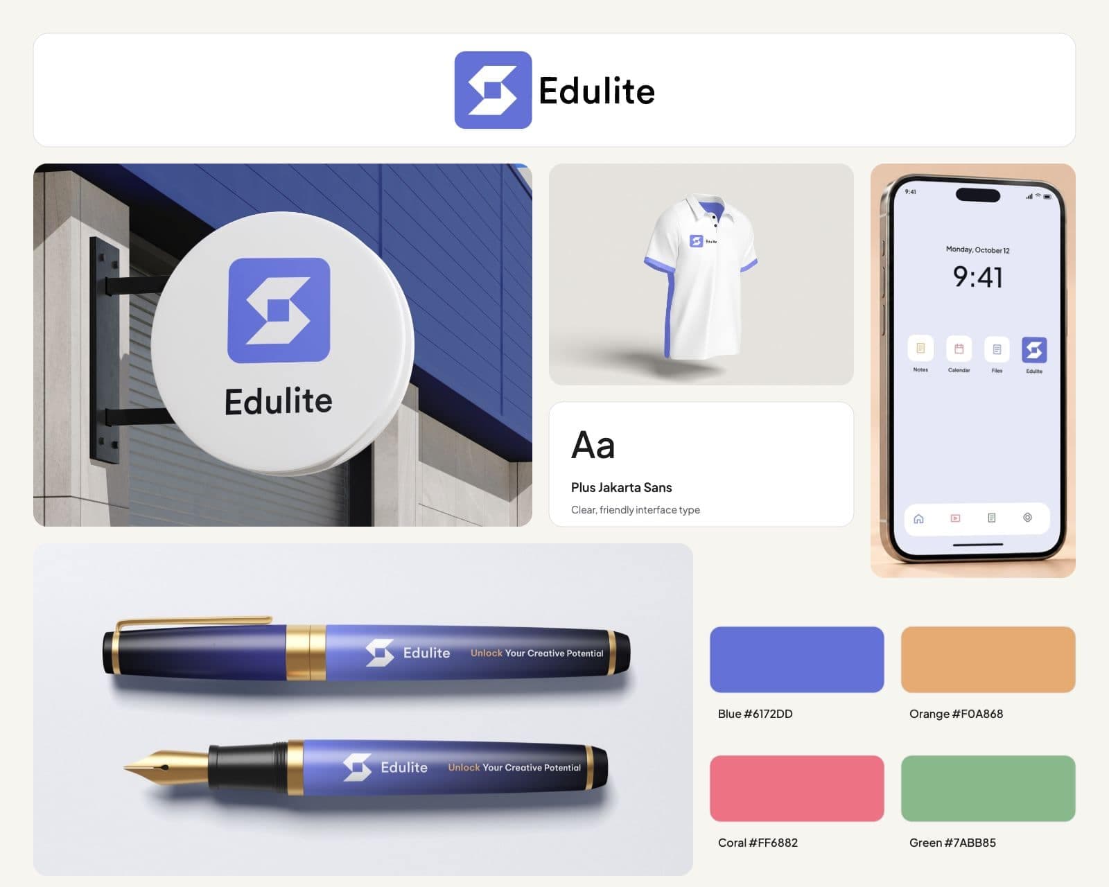 The Edulite brand board with the blue square mark and wordmark, the round sign, the polo shirt with blue trim, the pens and the palette