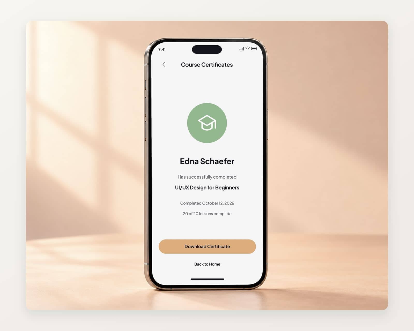 The Edulite certificate for Edna Schaefer, who completed UI/UX Design for Beginners on October 12, 2026, with an orange Download Certificate button