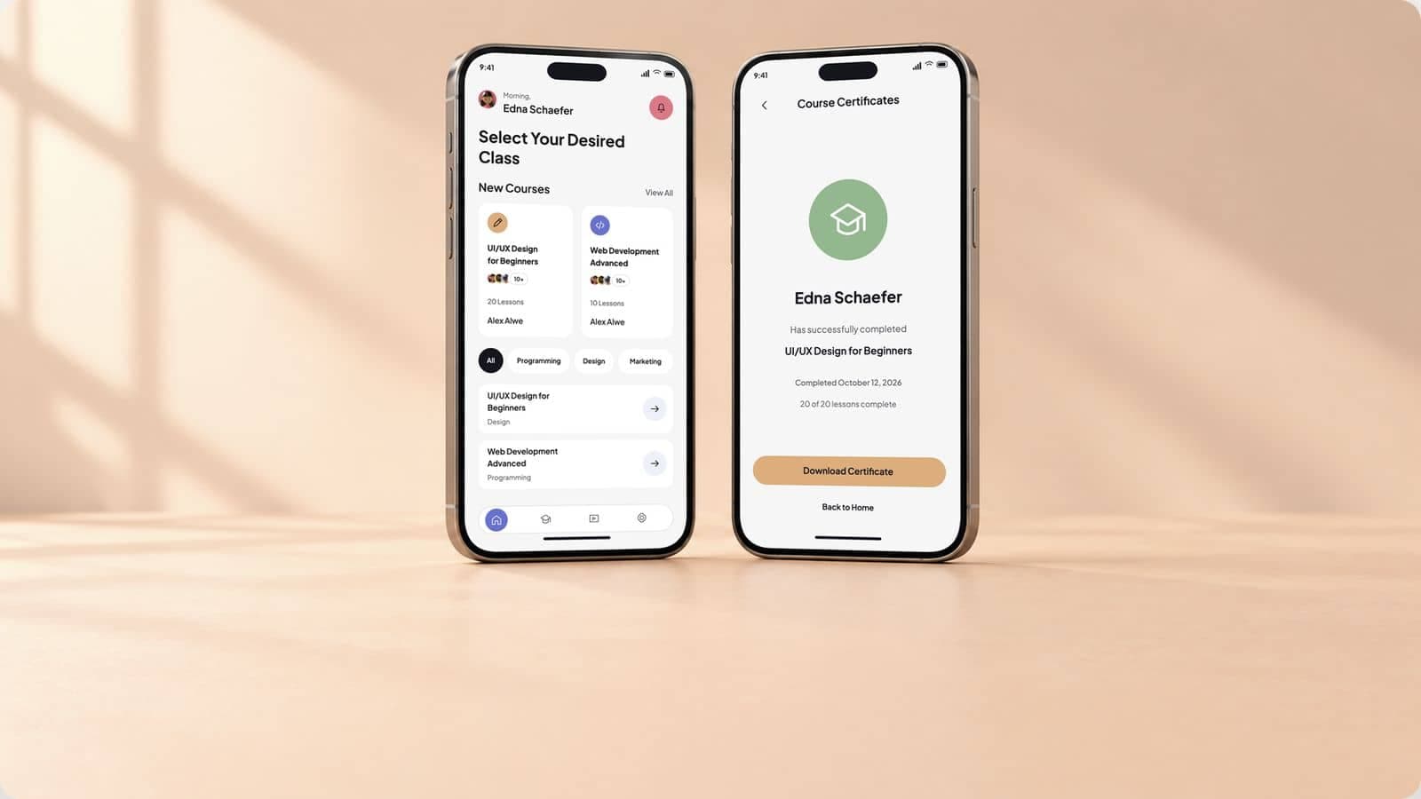 Two matching phones showing Edulite’s Select Your Desired Class home screen with new courses and subject filters, and the course certificate for Edna Schaefer