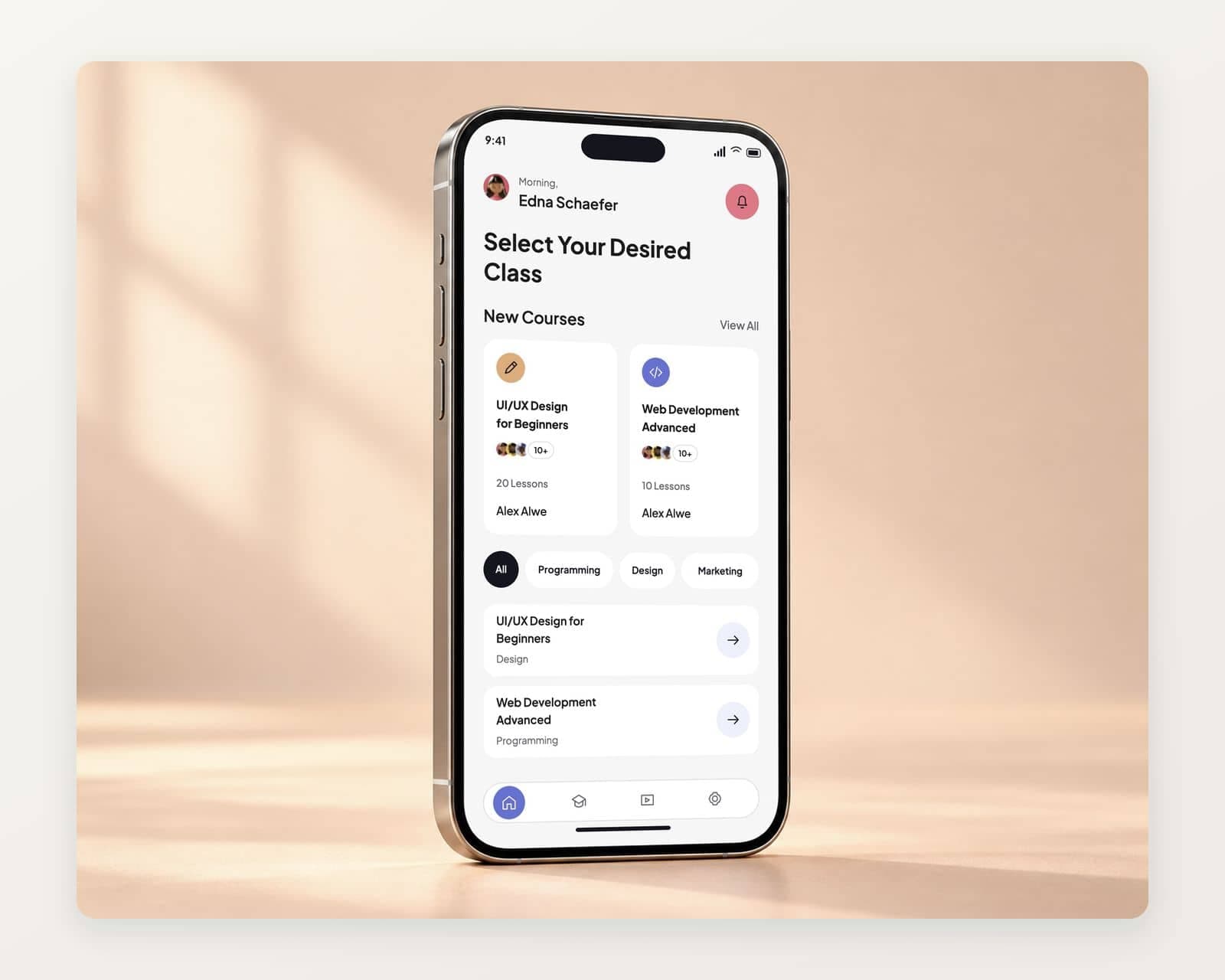 The Edulite home screen with Select Your Desired Class, the UI/UX Design for Beginners card with 20 lessons and tutor Alex Alwe, and subject filters