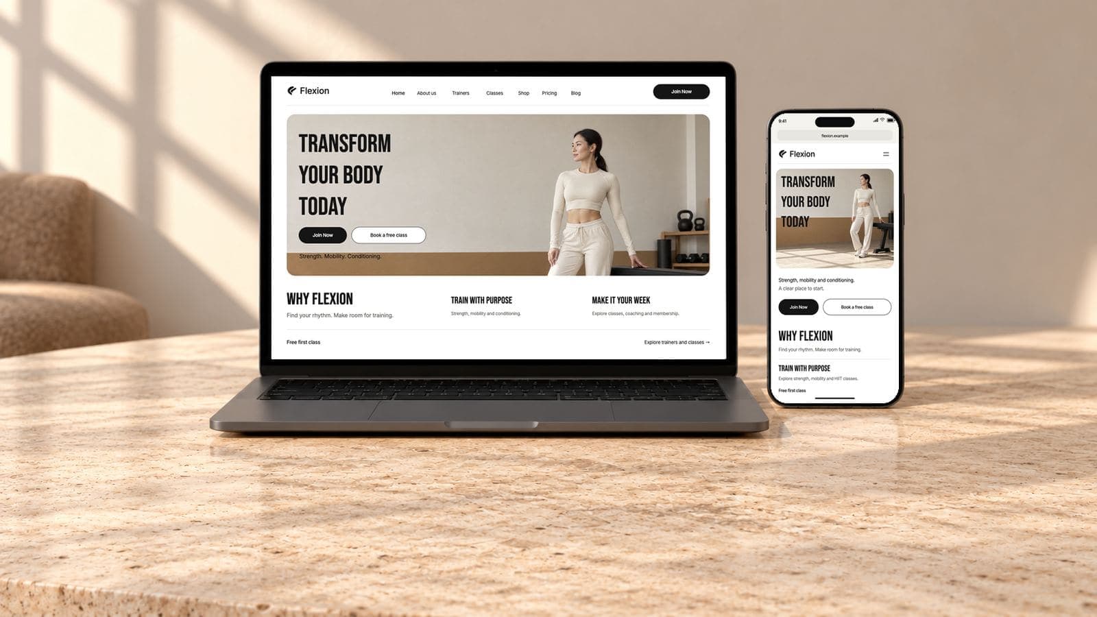 Flexion’s reimagined homepage on a matching laptop and phone, with Transform Your Body Today, Join Now and Book a free class above a calm travertine foreground