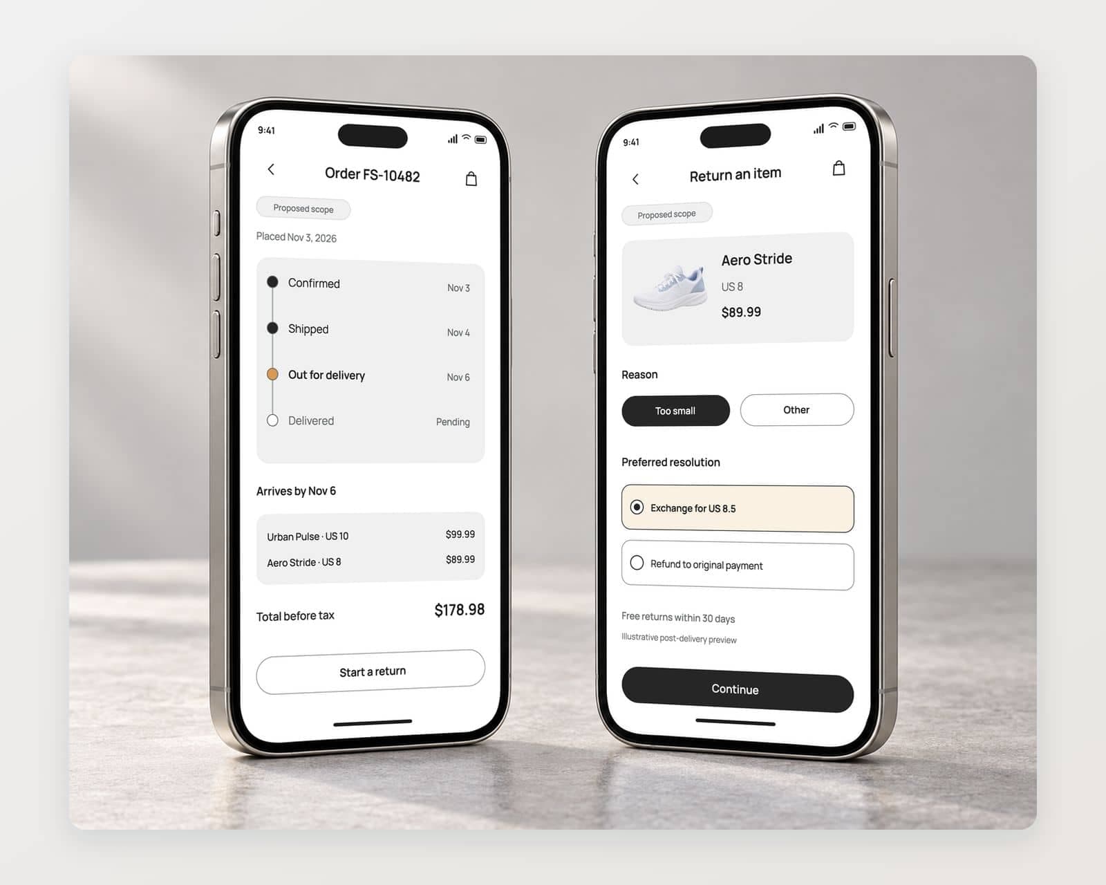 Fusion order FS-10482 on a phone with confirmed, shipped and out for delivery stages beside a return screen for Aero Stride with the reason Too small