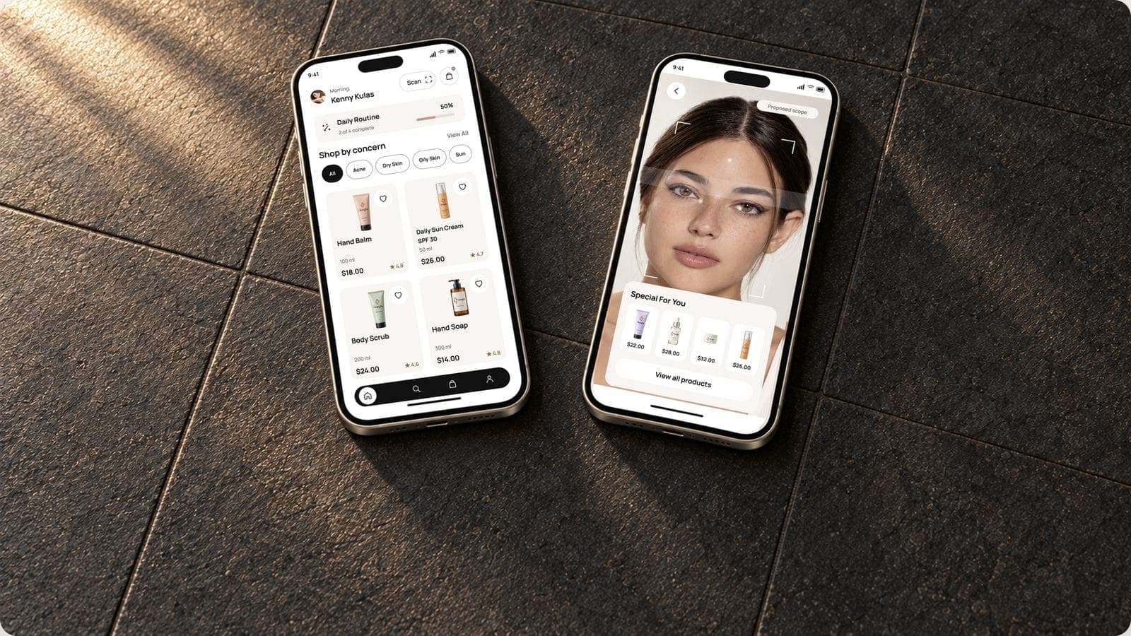 Two matching phones showing Gleamglow’s home screen with the Daily Routine bar, Acne, Dry Skin and Oily Skin chips and pink product cards, beside the face scan with a Special For You row