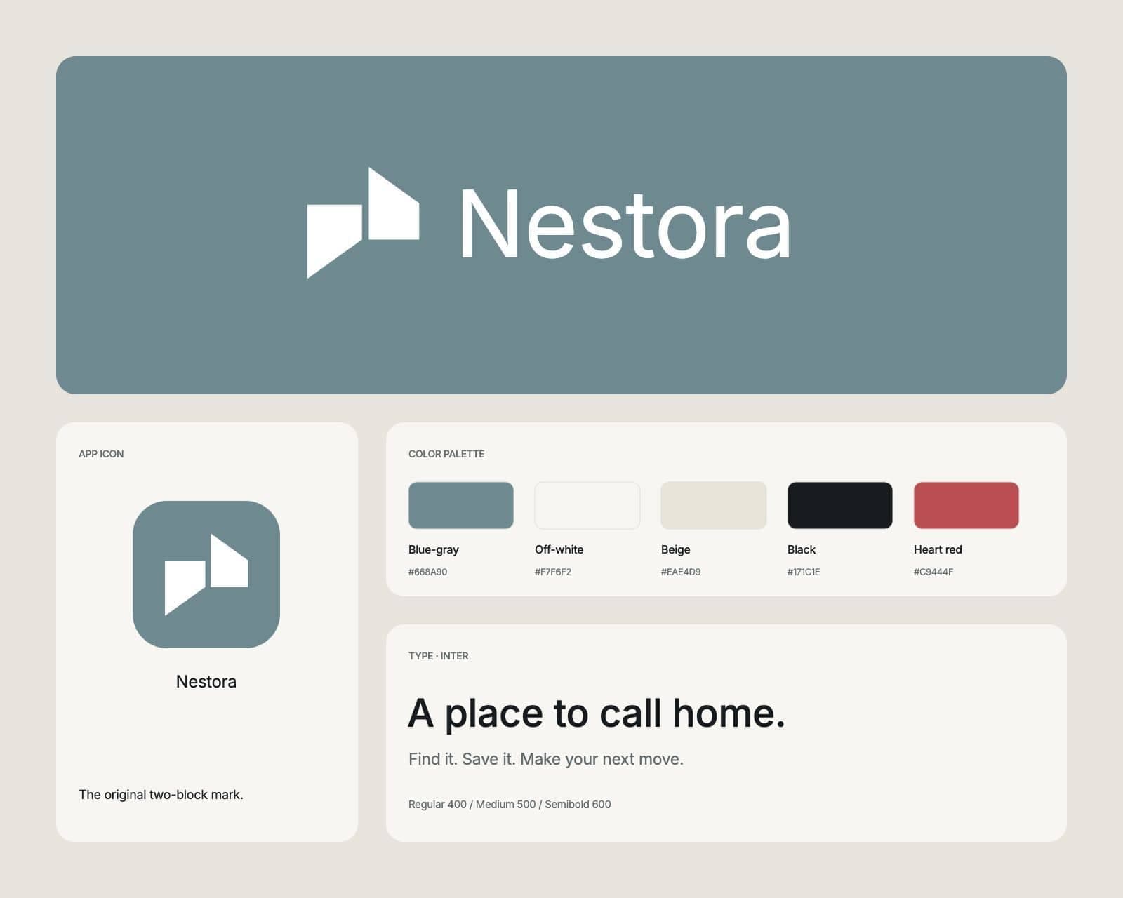 Nestora’s two-block mark and wordmark on blue-gray, with the app icon, five color swatches and Inter type samples