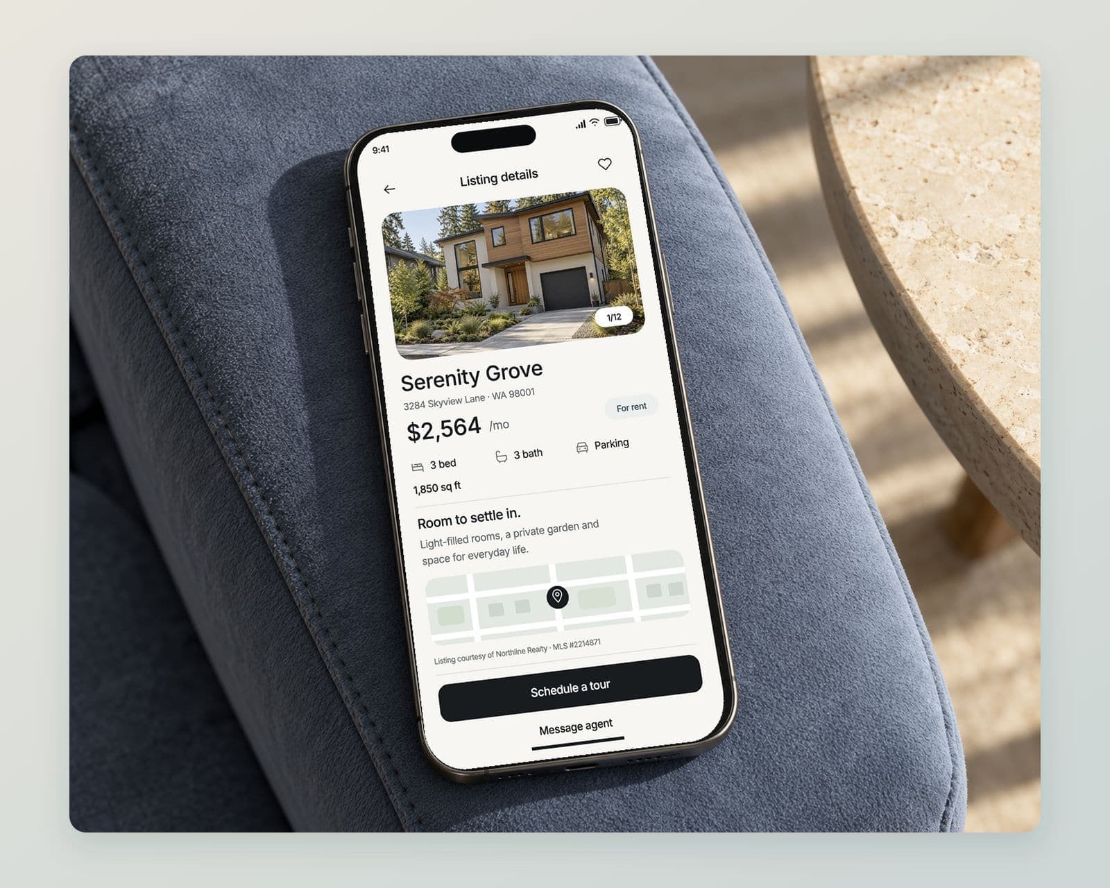 Nestora’s Serenity Grove listing at $2,564 per month, with gallery, three beds, three baths, parking, floor area, map, listing credit and tour actions