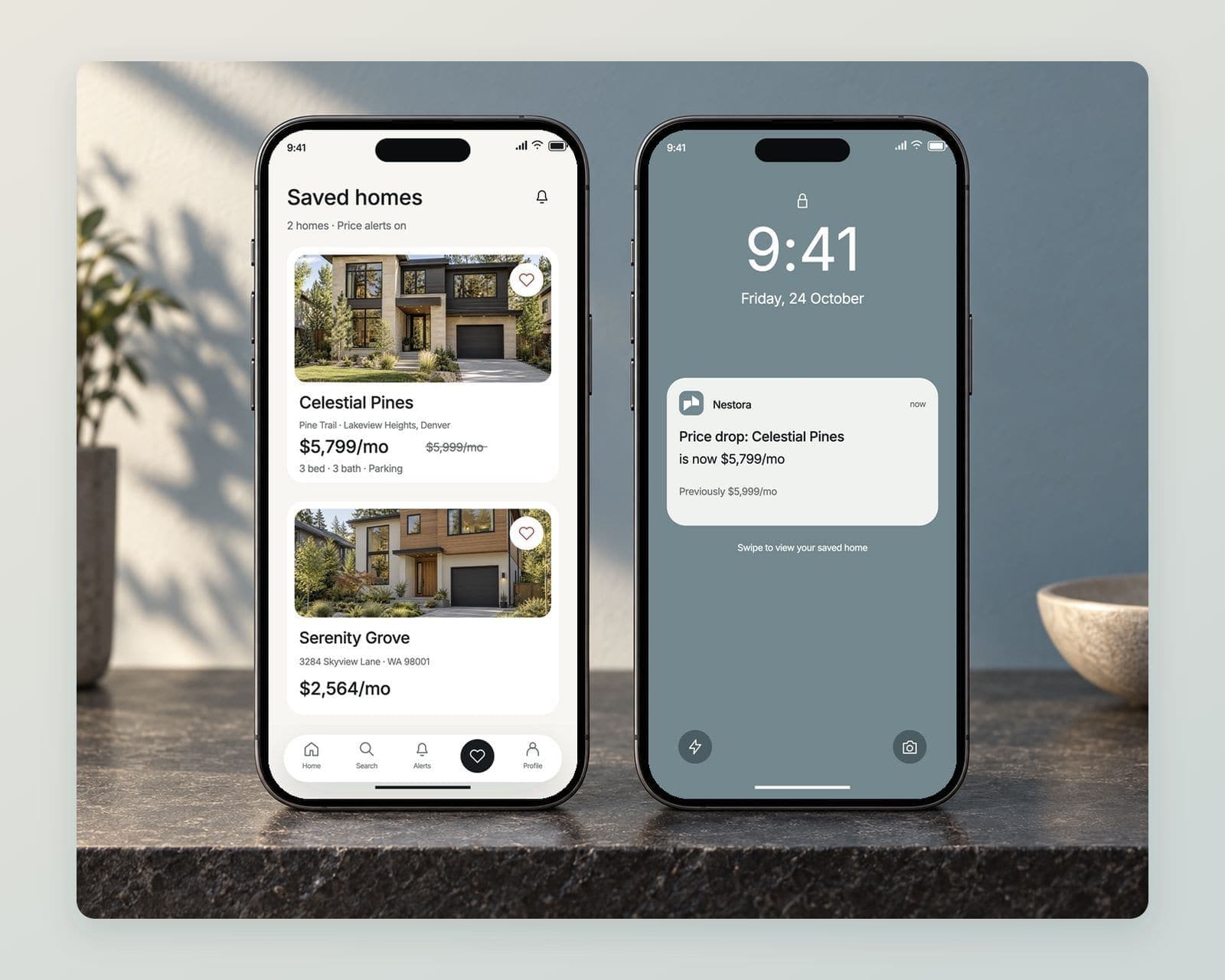 Two matching phones showing Celestial Pines saved at $5,799 per month with $5,999 struck through, beside the matching price-drop notification