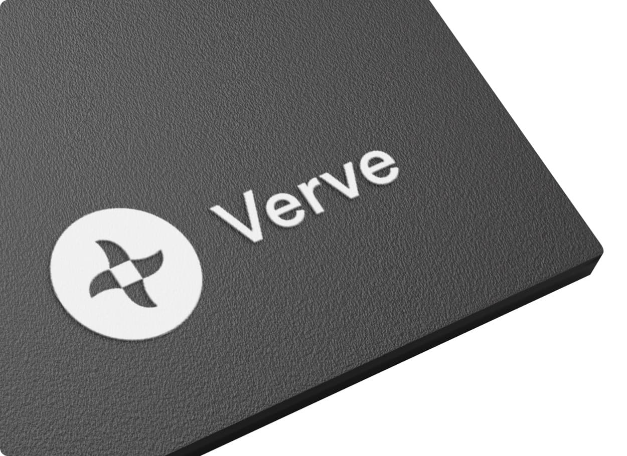 The Verve mark and wordmark in white on a dark textured sign board