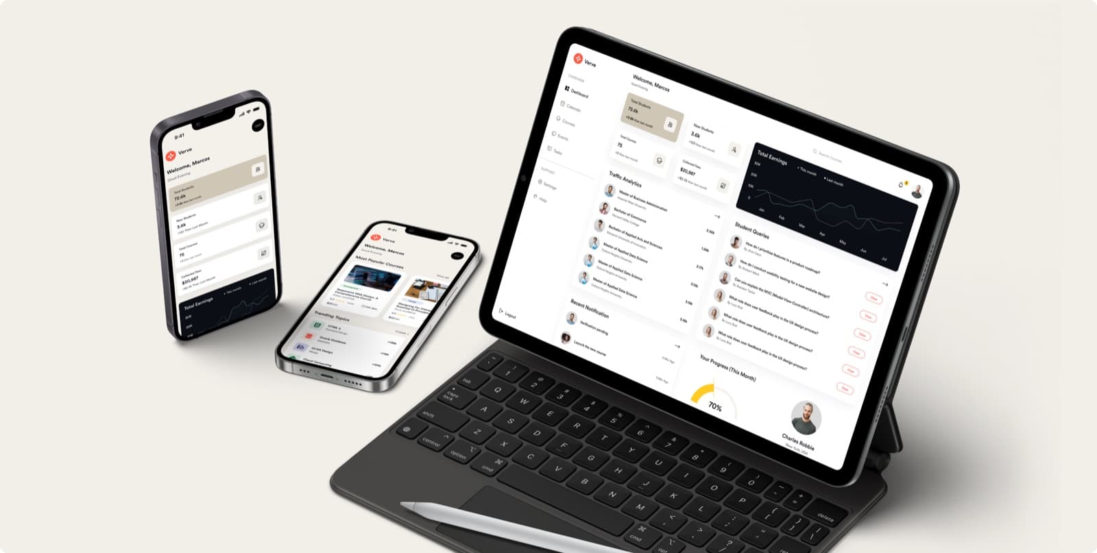 The Verve online course dashboard on a tablet with a keyboard, beside two phones showing the same overview and a list of popular courses