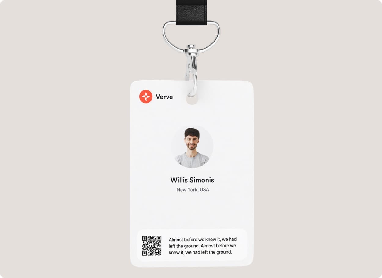 A white lanyard badge with the Verve mark, a portrait, a name and a QR code