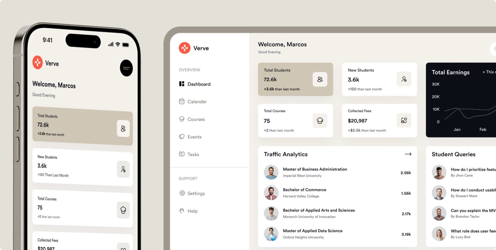 A close view of the Verve dashboard on a phone and a tablet, with cards for total students, new students, total courses and collected fees