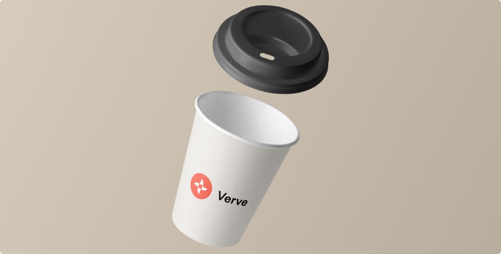 A white paper cup with a black lid, carrying the red Verve mark and wordmark