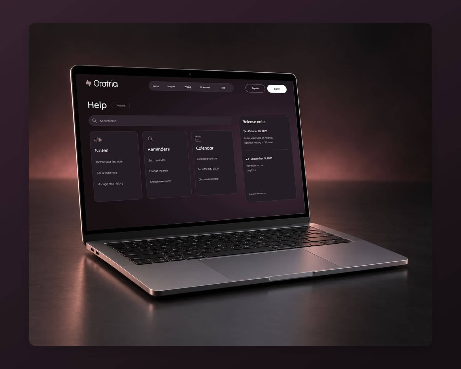A proposed Oratria help center with a search field, guides grouped by task and illustrative release notes for versions 2.4 and 2.3