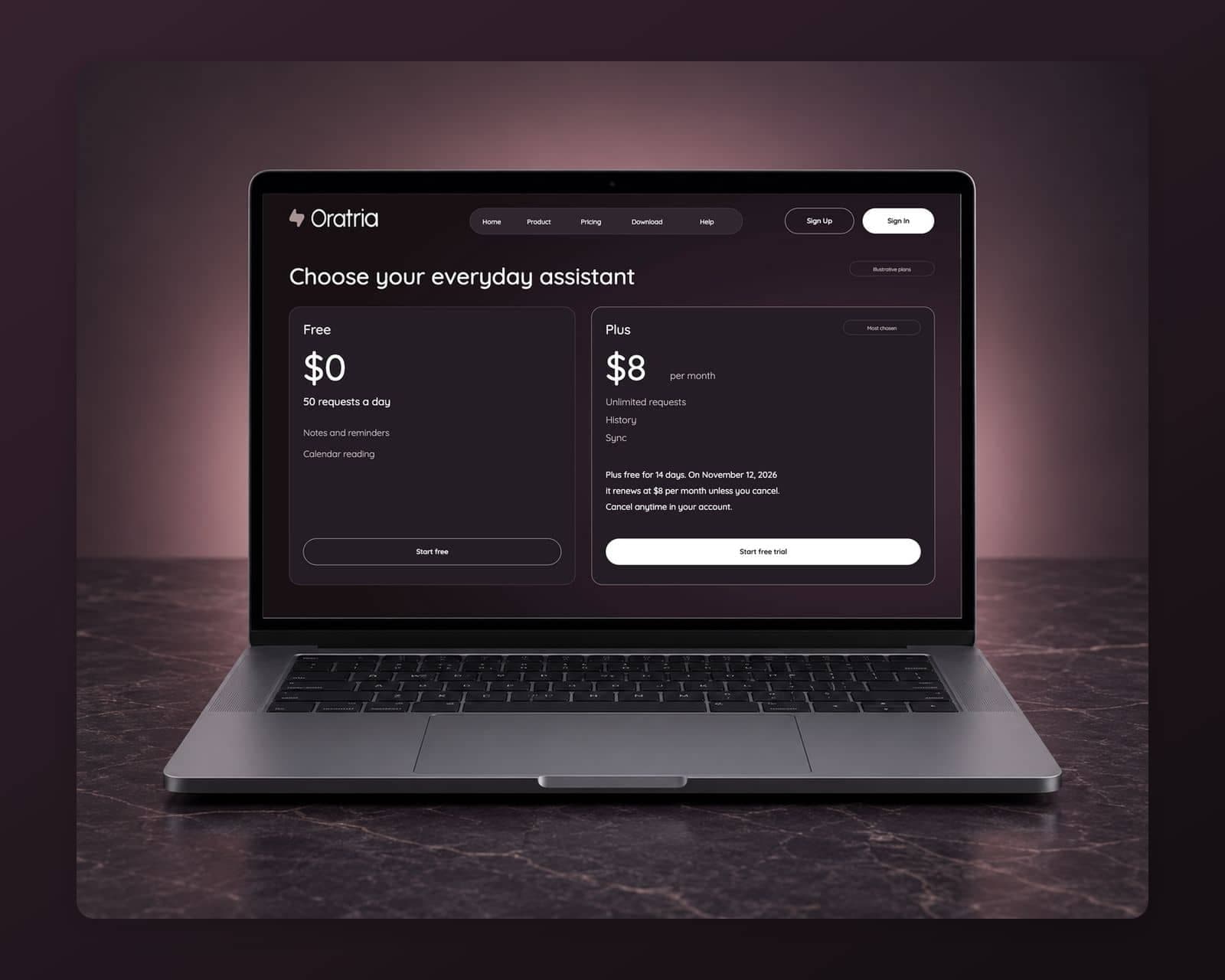 The Oratria pricing page with illustrative Free and Plus at $8 per month plans, a 14-day trial line stating the renewal date and price, and Cancel anytime in your account