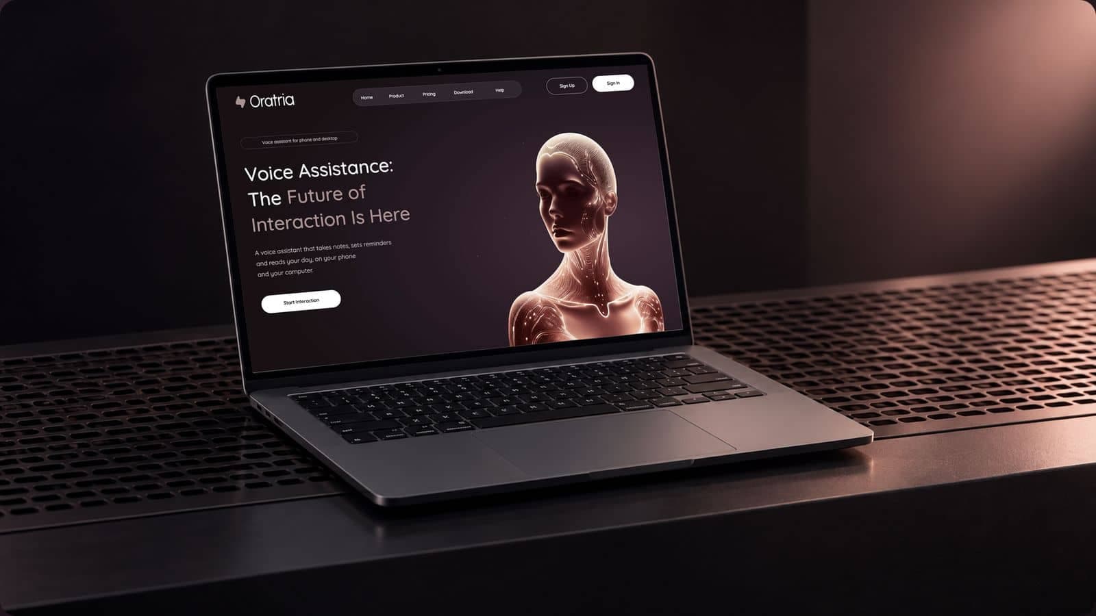 The Oratria website on a laptop, with the headline Voice Assistance: The Future of Interaction Is Here, a Start Interaction button and a glowing rose figure on near-black