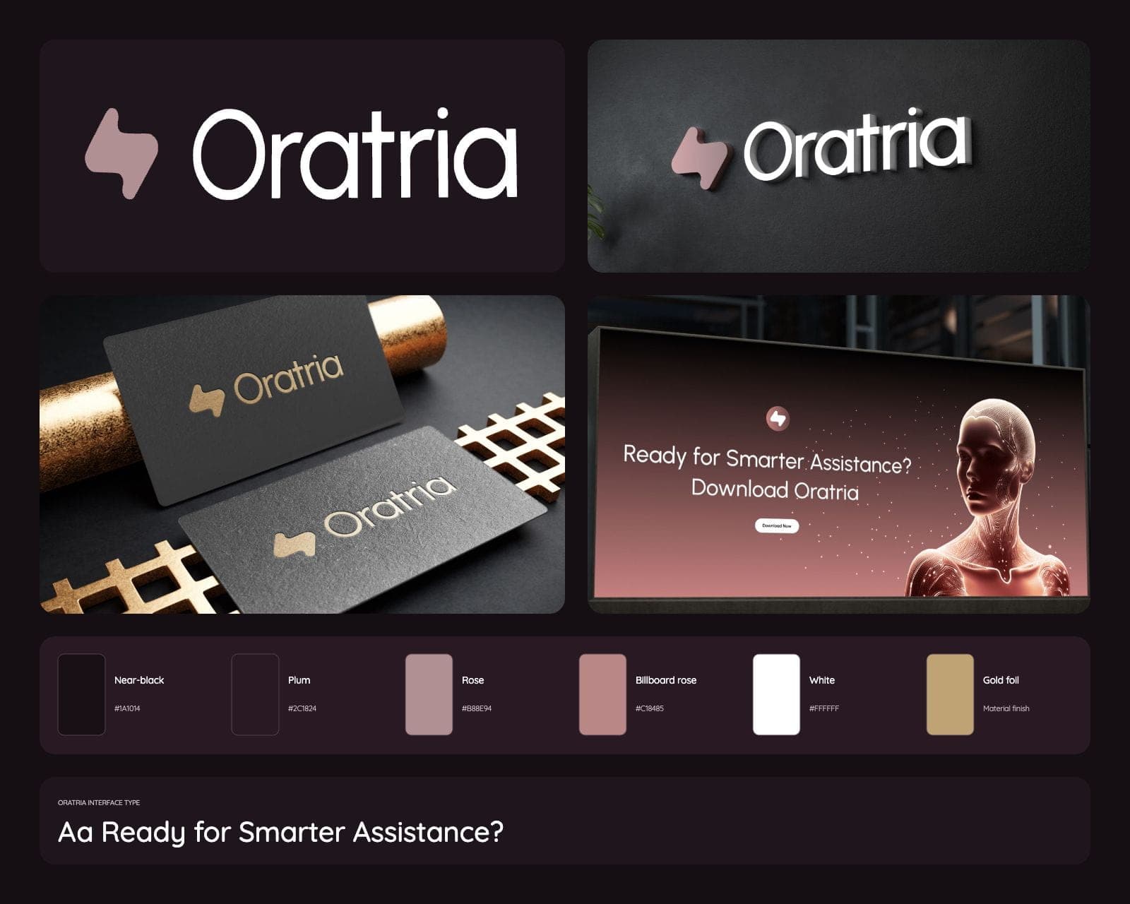 The Oratria brand board with the rose mark and wordmark on the dark wall sign, the gold-foil business cards, the billboard, the near-black and rose palette and the rounded type