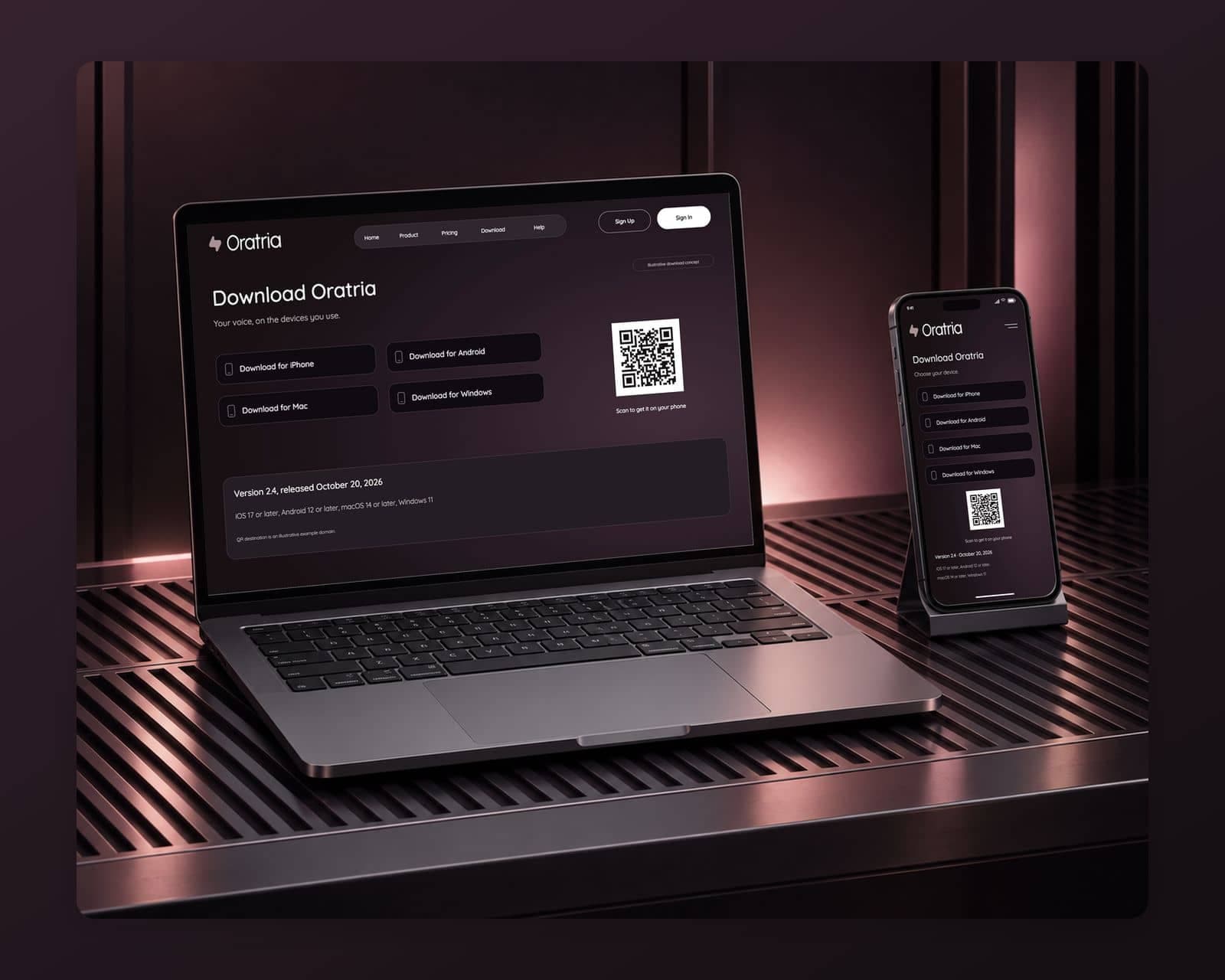 The Oratria download page with two generic store buttons, desktop installers, a QR code and an illustrative version 2.4 with system requirements