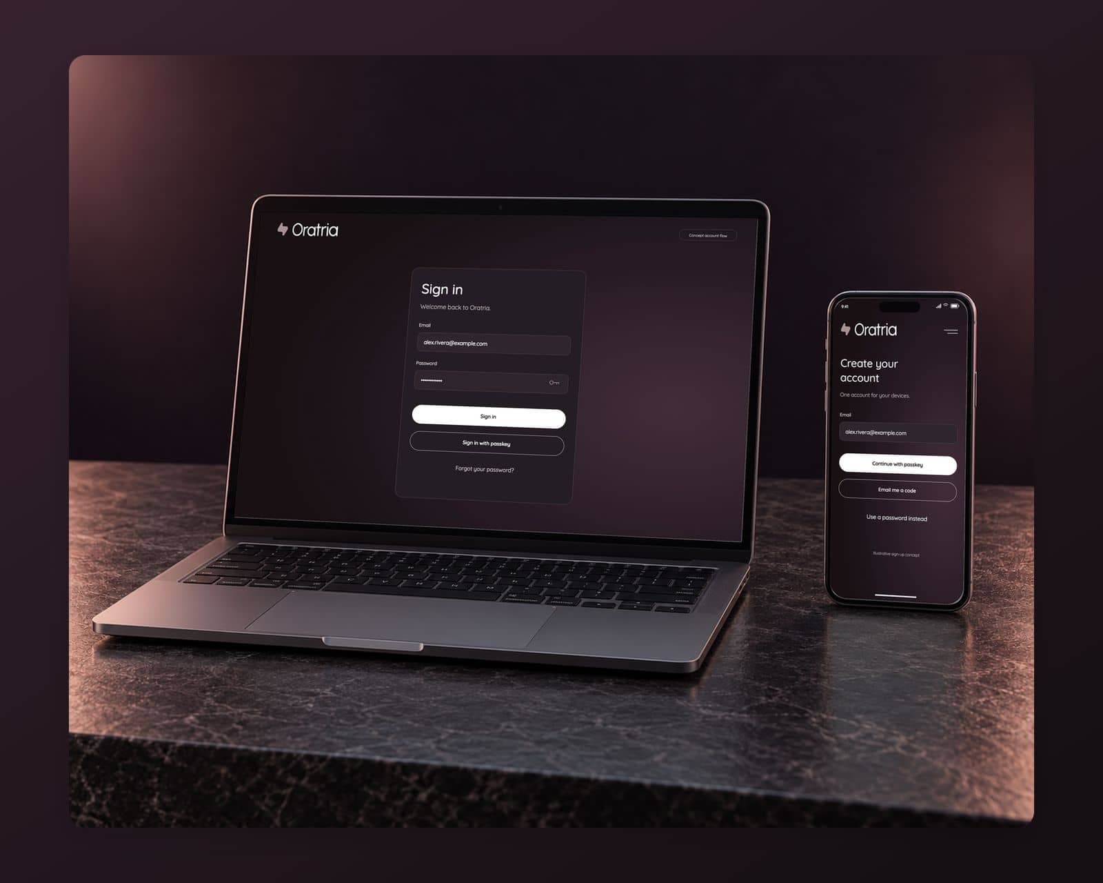 The Oratria sign up on a phone with an email field, Continue with passkey, Email me a code and a password option, and a matching desktop sign in