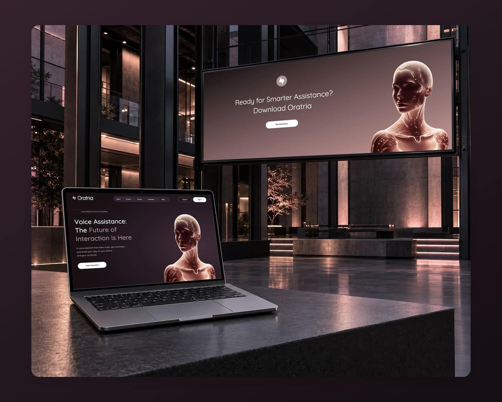 The Oratria homepage on a laptop beside the matching billboard reading Ready for Smarter Assistance? Download Oratria, both with the glowing rose figure