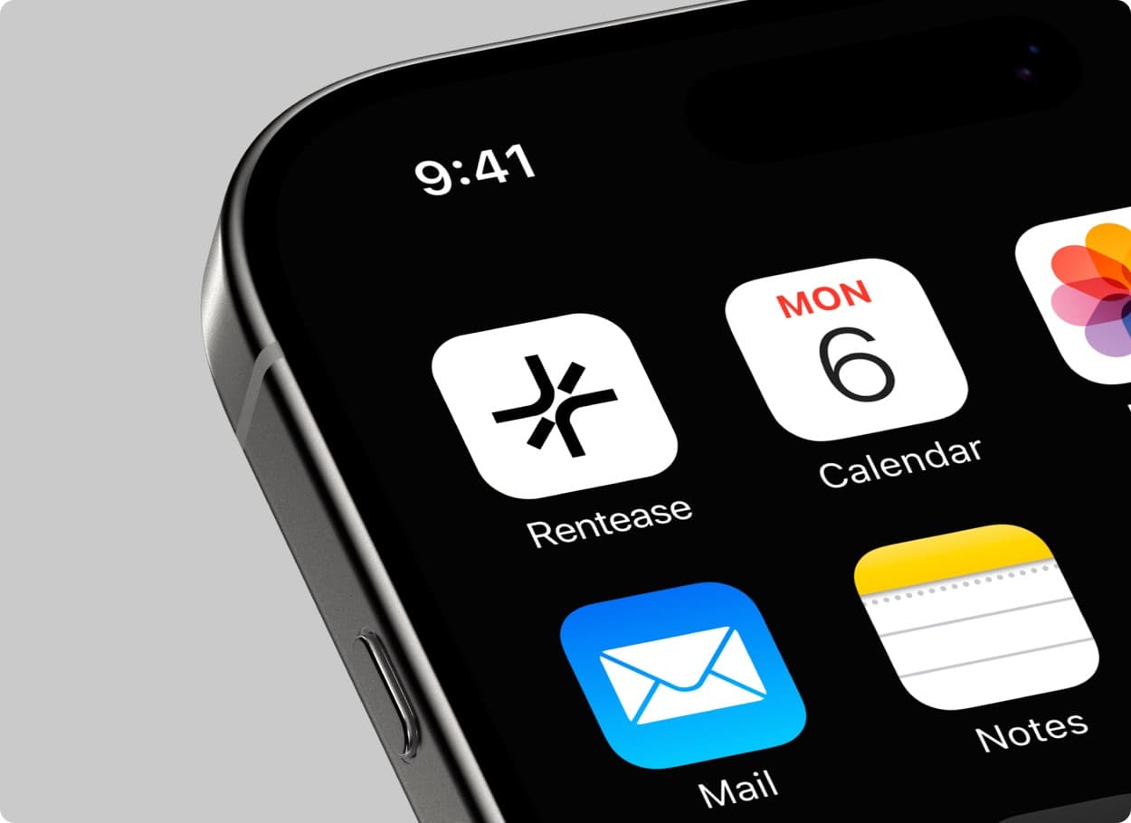 The Rentease app icon on a phone’s home screen, beside the calendar and mail icons