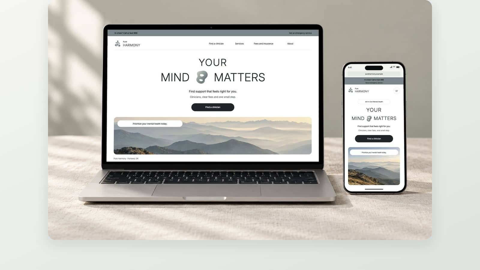 The Pure Harmony website on a laptop and a phone, with the headline Your Mind Matters, a Find a clinician button and the 988 crisis line in the header