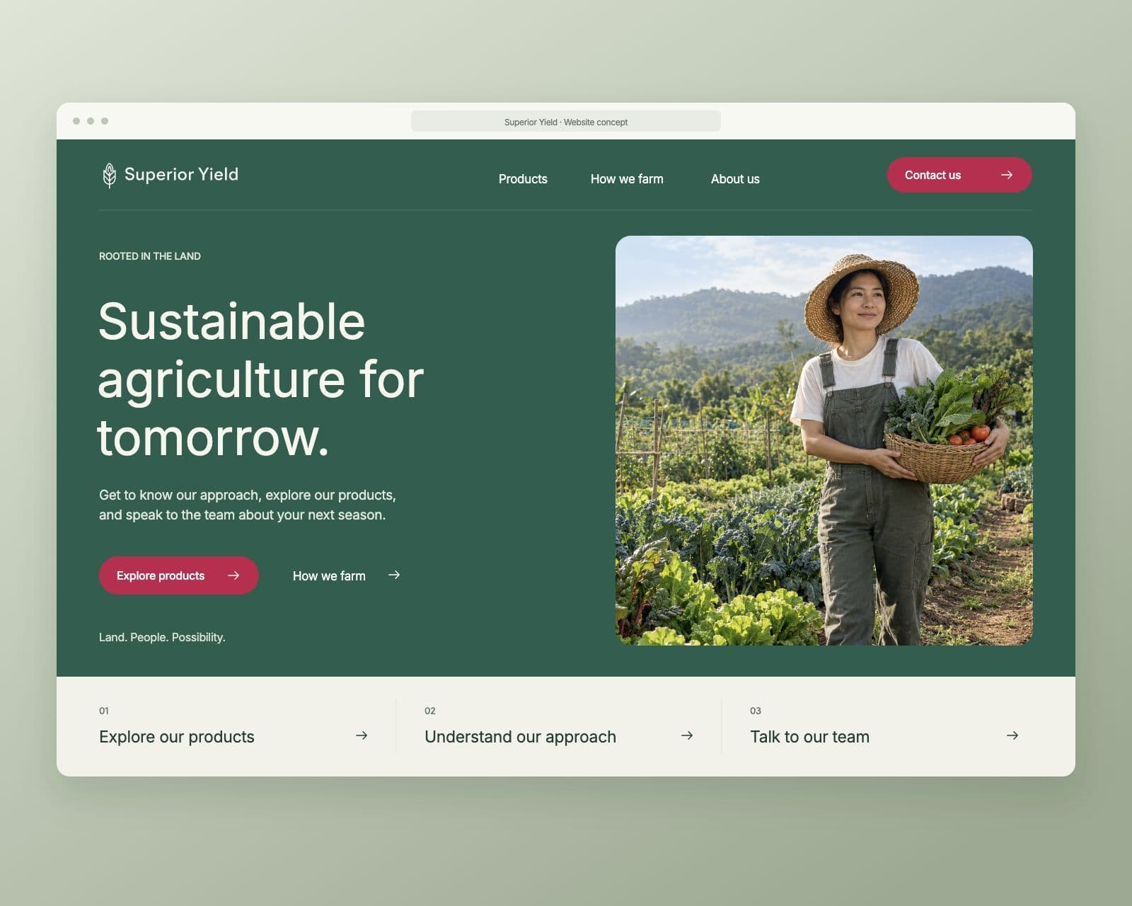 Superior Yield homepage concept with the wheat logo, farmer photograph and product and contact actions