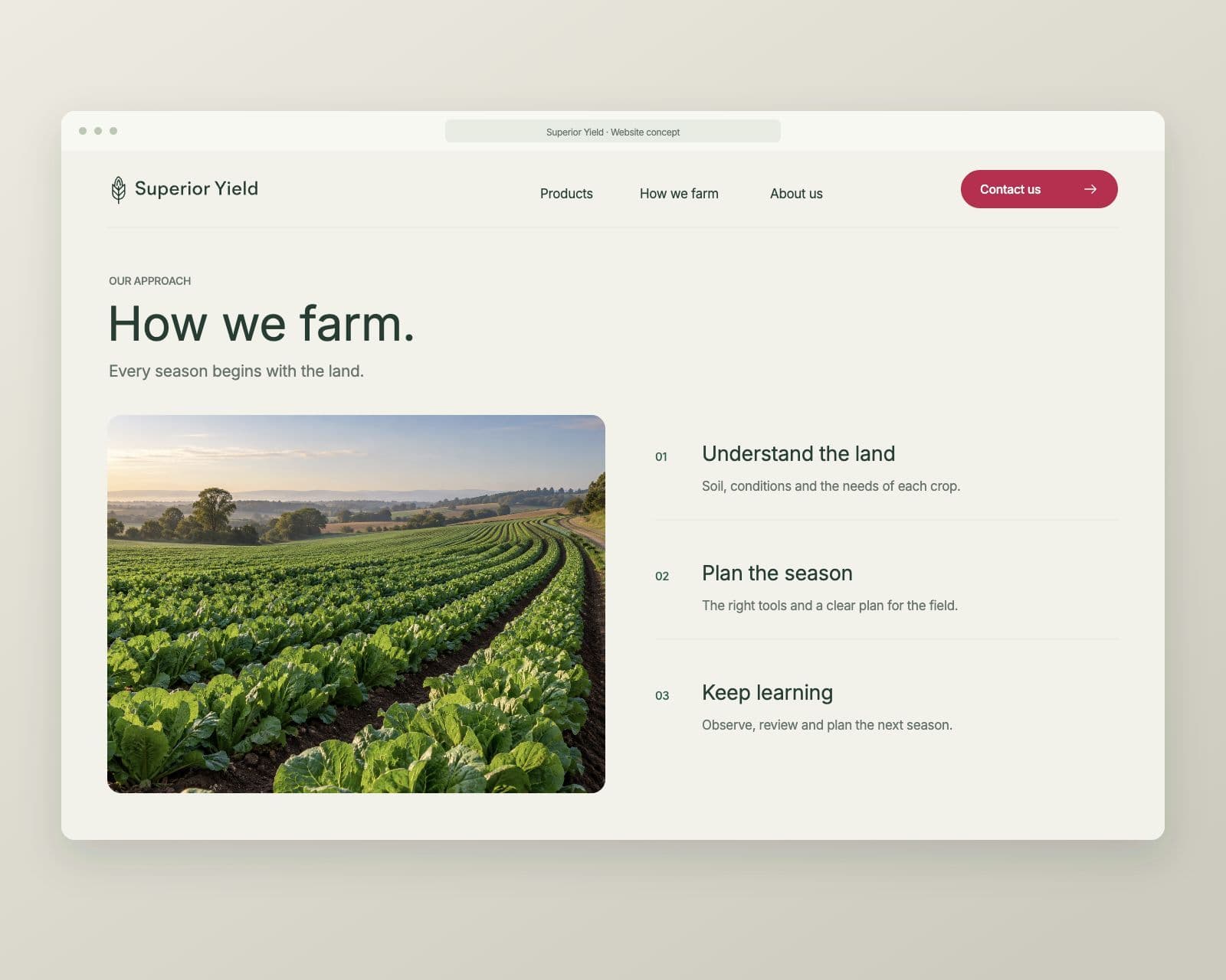 Superior Yield farming method concept with three short steps beside a crop photograph