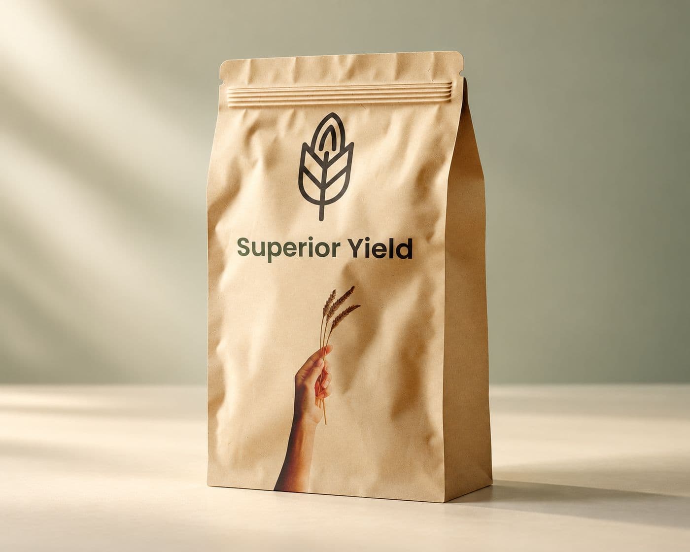 Superior Yield kraft product pouch with the original wheat mark, wordmark and printed hand holding grain