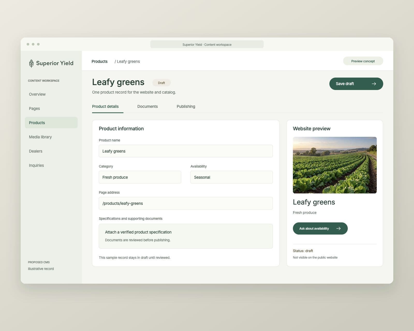 Proposed Superior Yield product editor with draft content, specifications, documents and a website preview