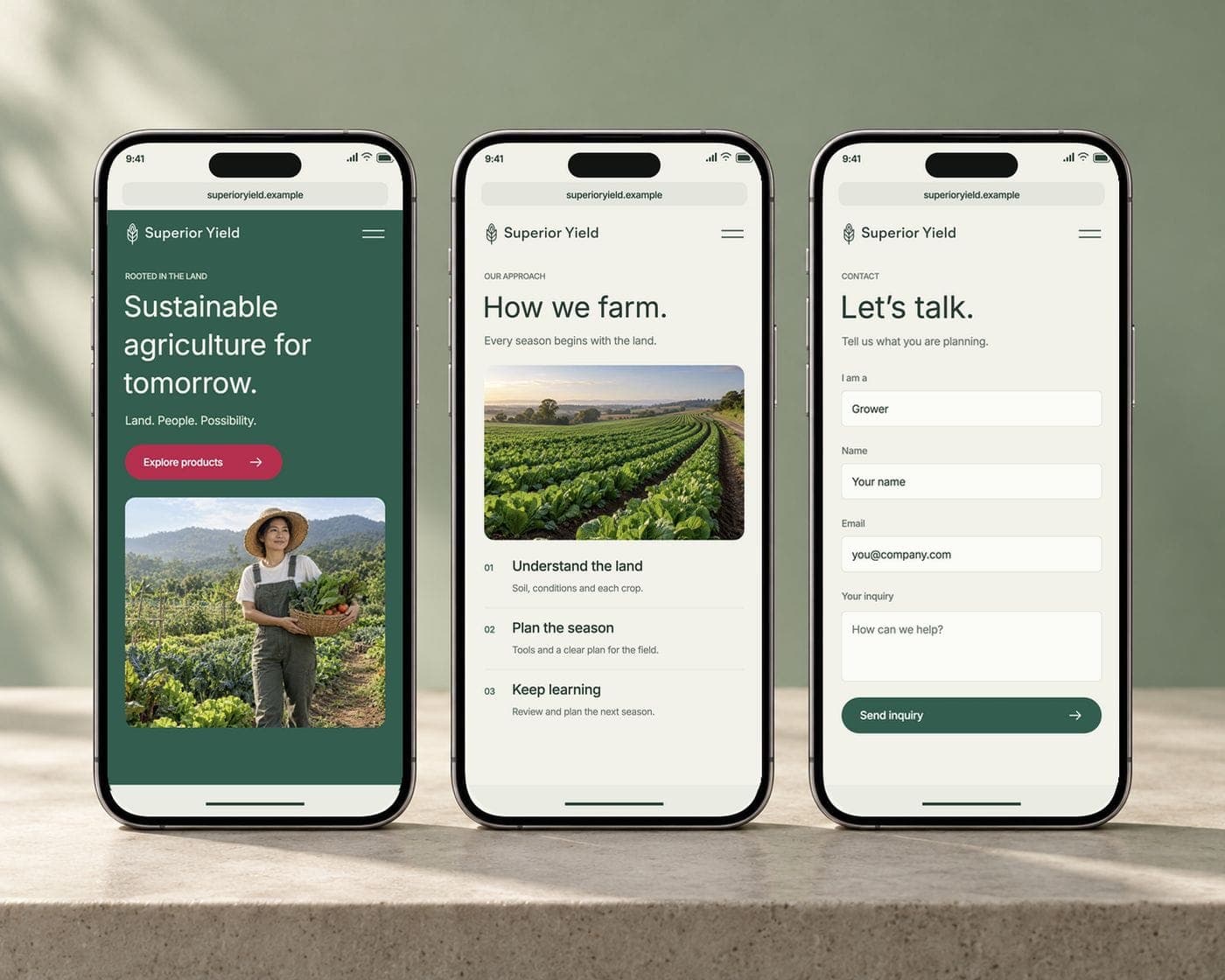 Three matching Superior Yield phone mockups showing the homepage, farming method and inquiry form concepts