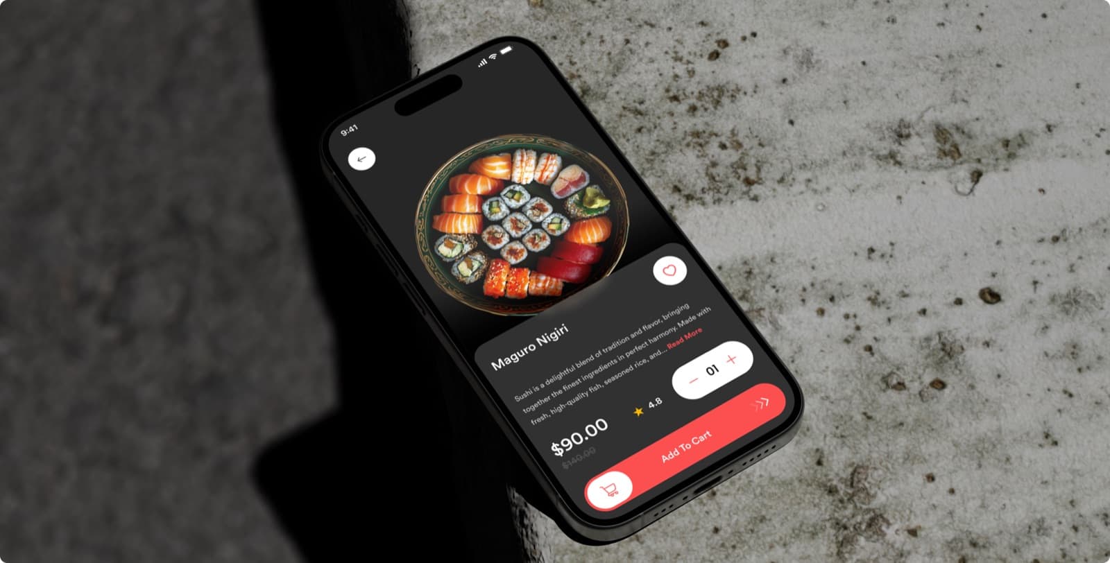 The Zesty app on a phone, showing a plate of sushi, the dish Maguro Nigiri, a quantity control, the price and a red Add To Cart button
