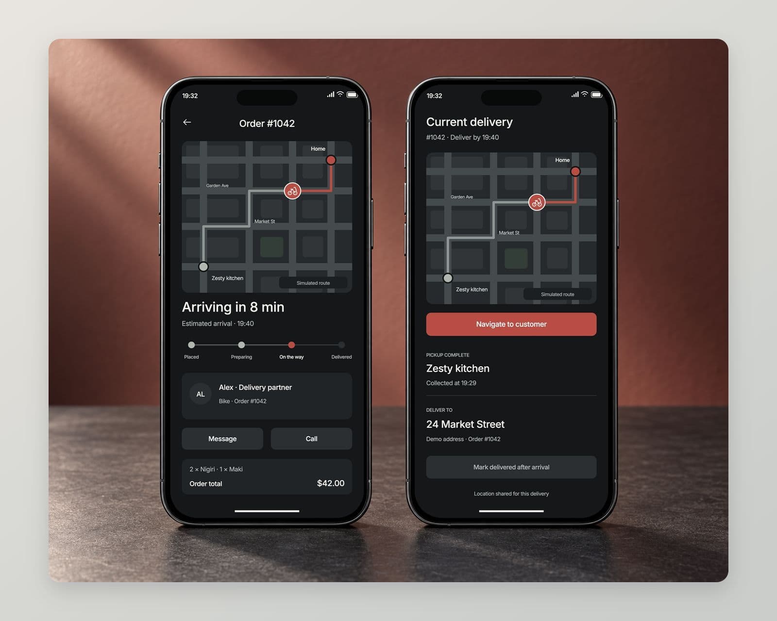 Two phones showing the Zesty customer order tracking map and the driver app with the current delivery