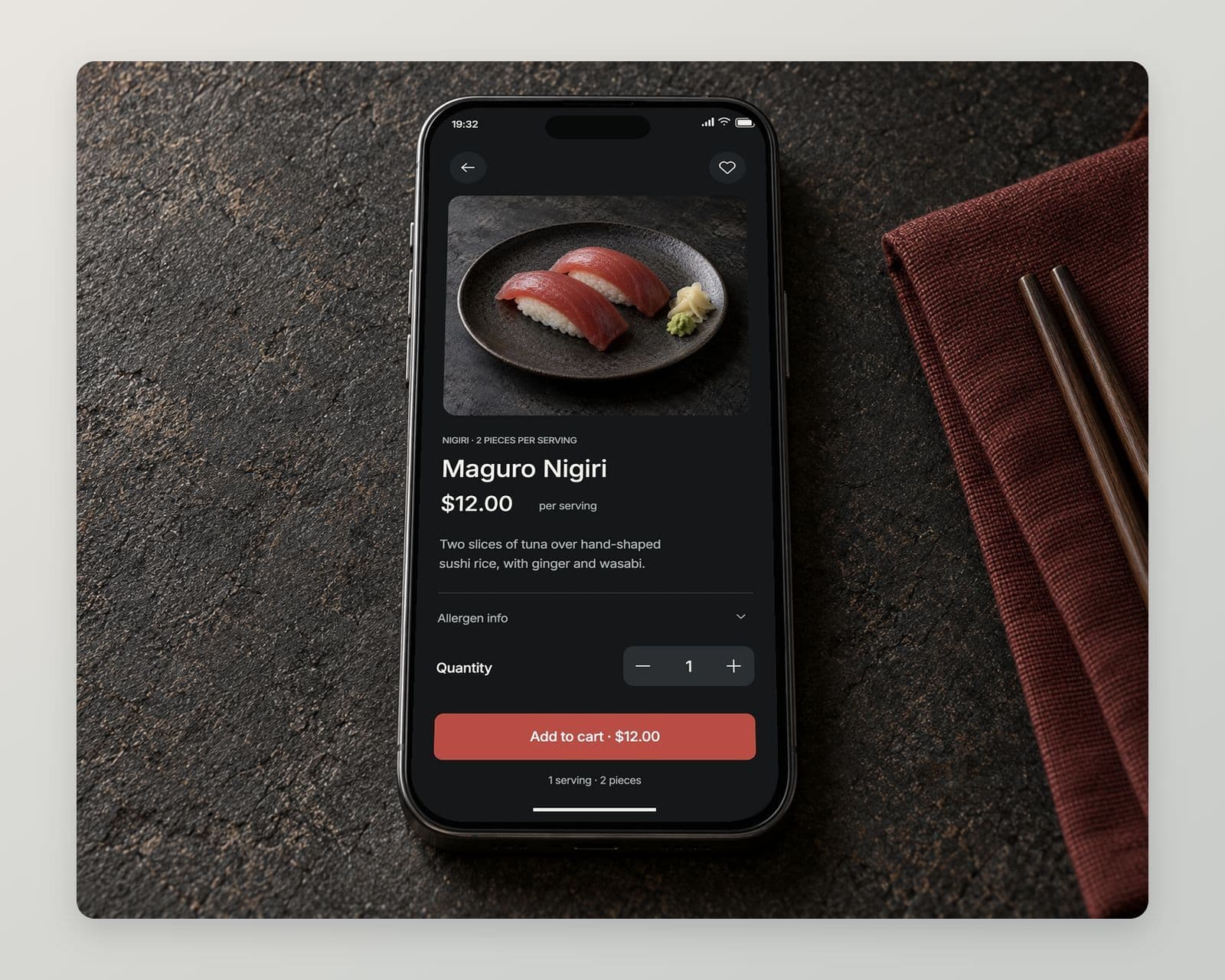 The Zesty dish screen on a phone with Maguro Nigiri, the price, quantity control and a red add to cart button