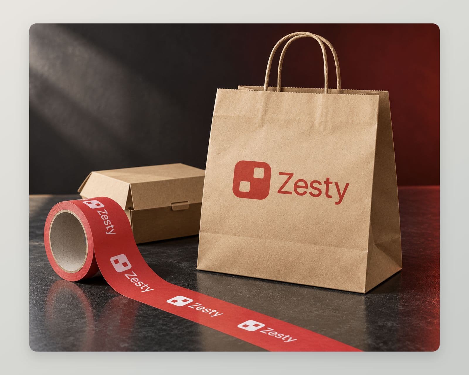 A kraft delivery bag with the red Zesty logo beside a food box and Zesty packaging tape