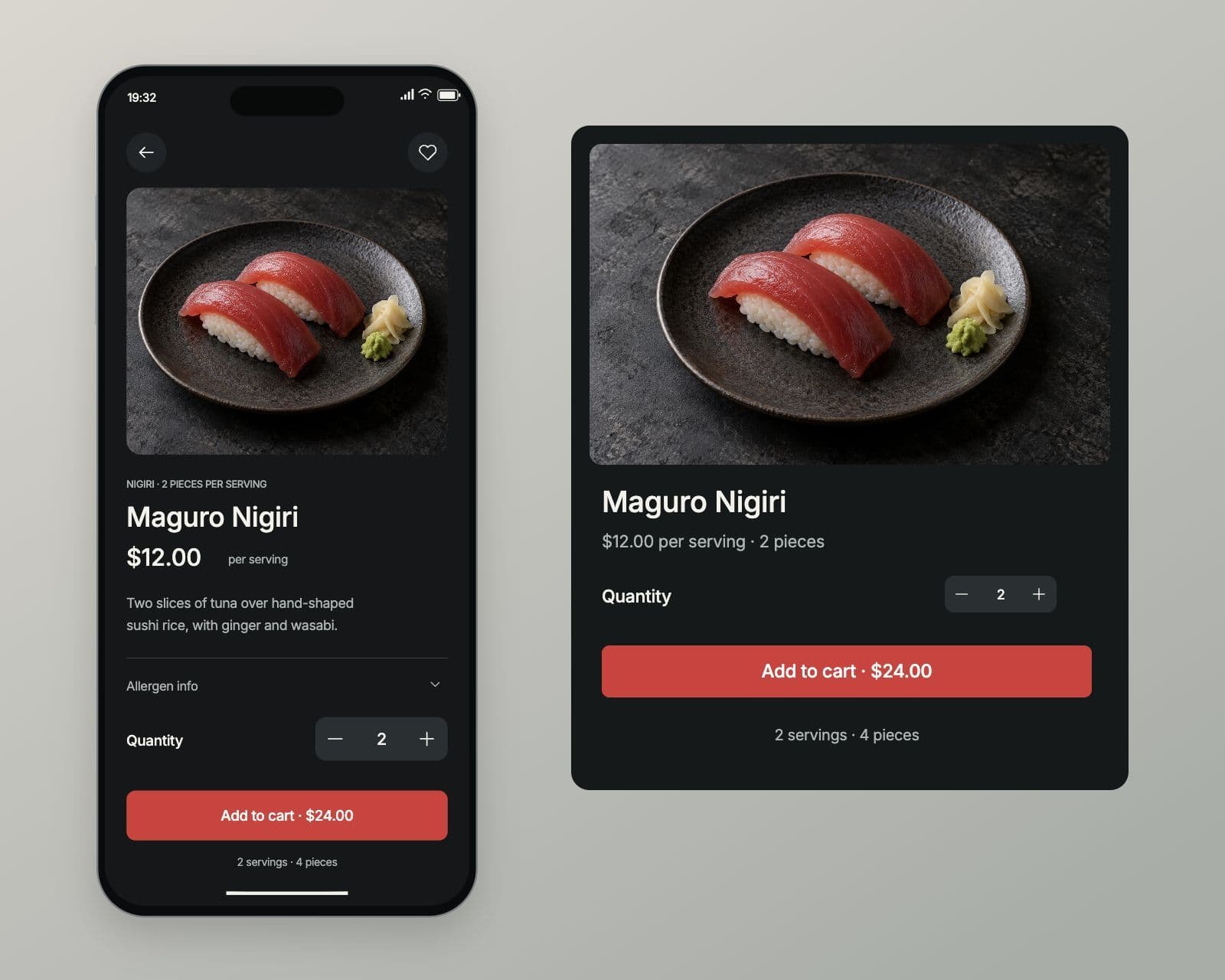 The Zesty Maguro Nigiri dish detail with allergen information, quantity and an add to cart button with the total