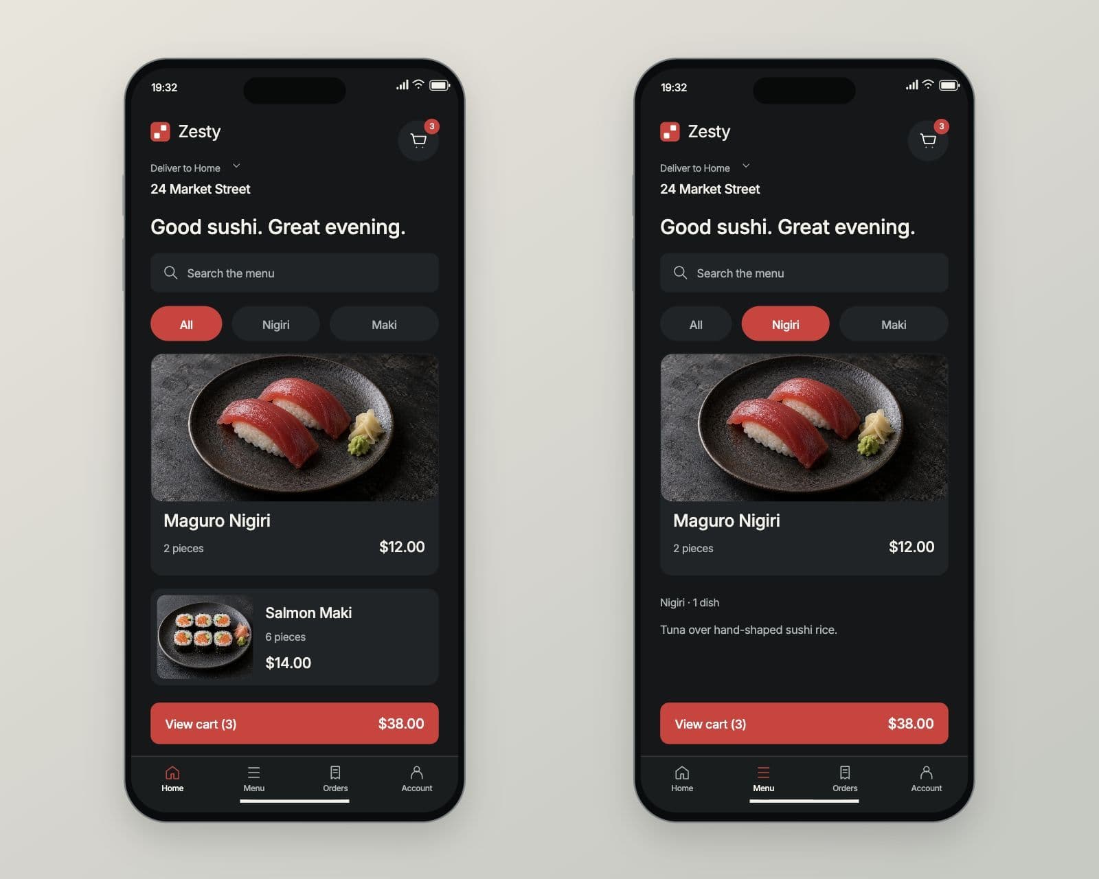Two phones showing the Zesty menu with search, category filters, dish cards and a view cart bar