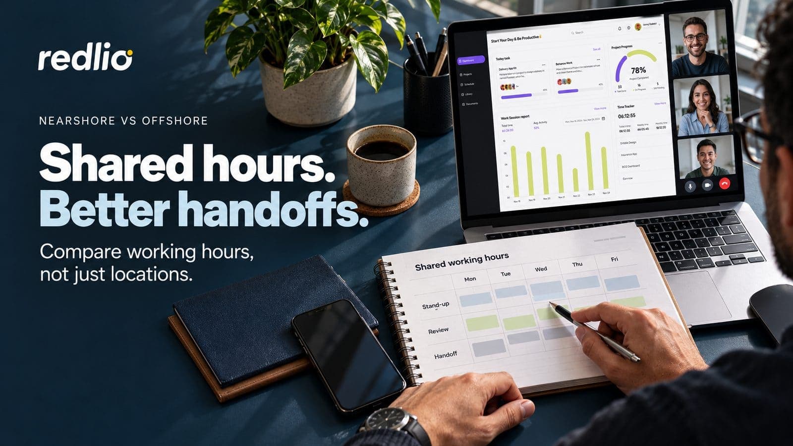 Remote team reviewing shared working hours and handoffs during a video meeting