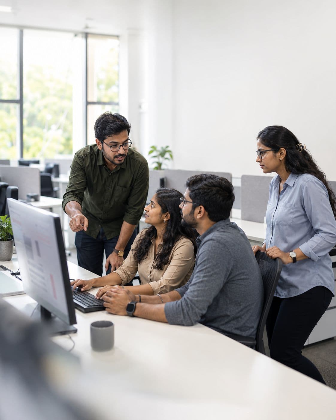 A dedicated development team discussing work together at a shared screen