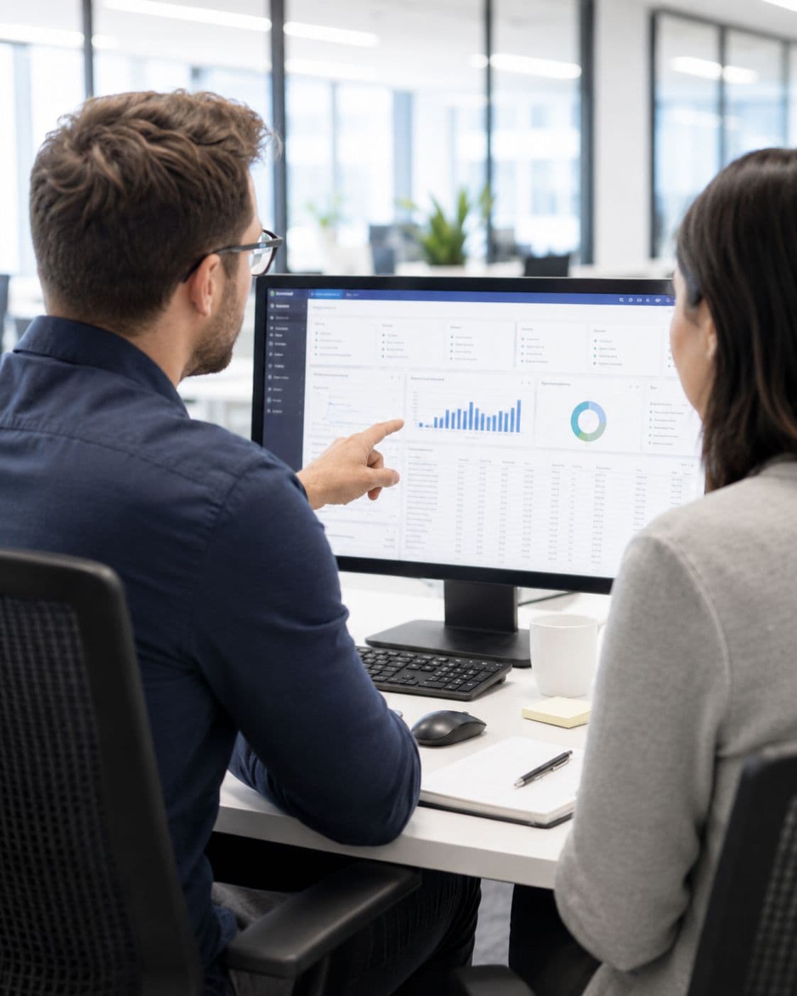 Two colleagues reviewing an ERP dashboard with charts and tables on a desktop monitor